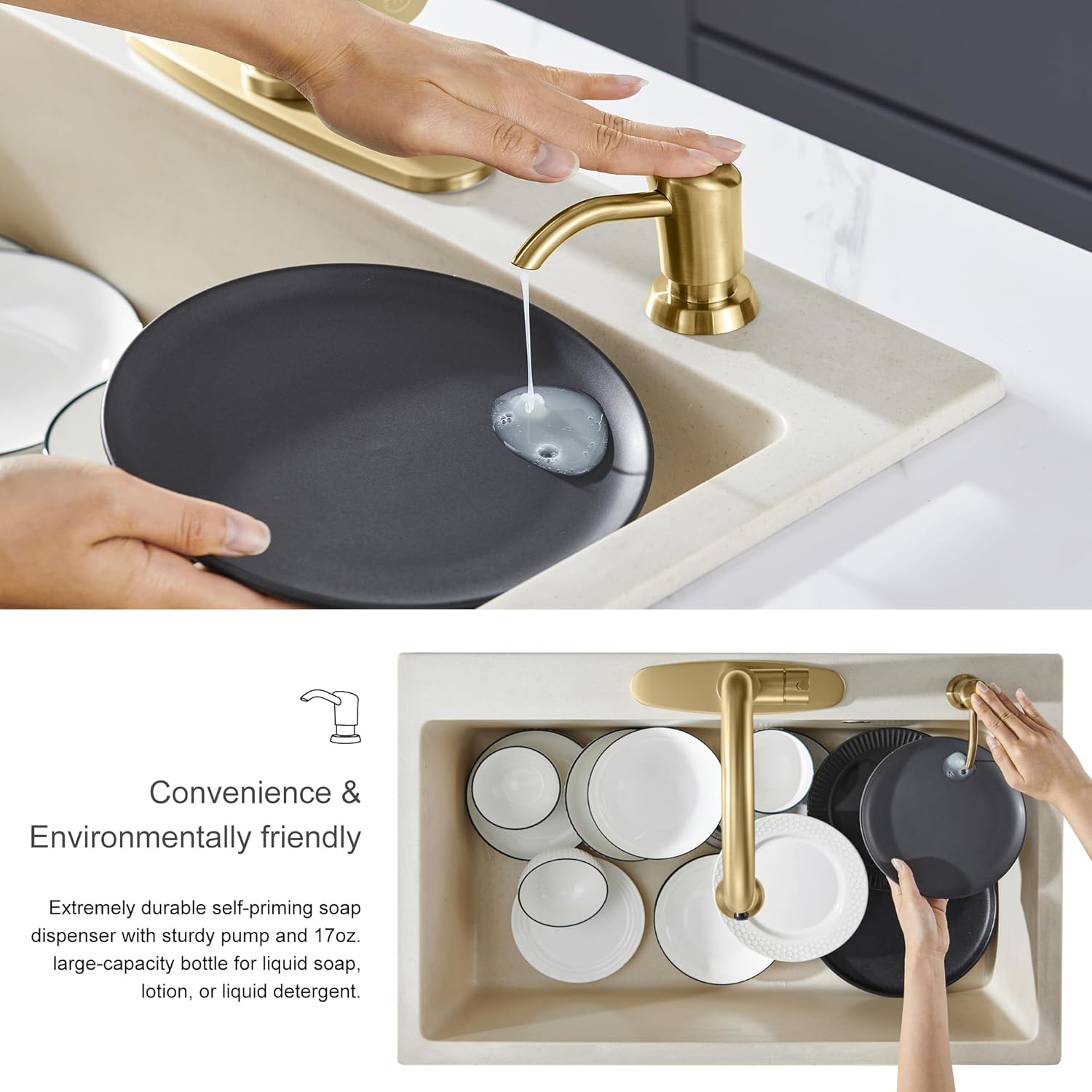 GAGALIFE Built in Sink Soap Dispenser or Lotion Dispenser for Kitchen Sink, Brushed Gold ABS Pump Head, with 17 Ounce Large PET Soap Bottle - Image 4