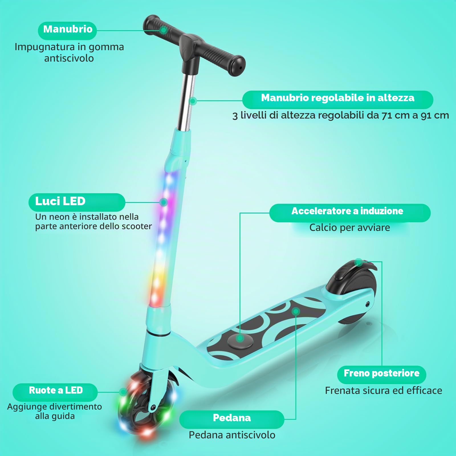 SISIGAD Trotinette Elettrico Bambino 6-8-10-12 Anni Scooter Elettrico Bambino 5.3 Pollici con Luce LED Colorata & 3 Altezze Regolabili, Scooter Elettrico Bambino Carica Max 70 Kg, Velocità Max 10 Km/h