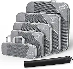 1 conjunto de cubos de embalagem de compressão para viagem expansível organizadores de embalagem,Organizador de Bagagem de Malha de mazenamento,6 peças (Cinza)