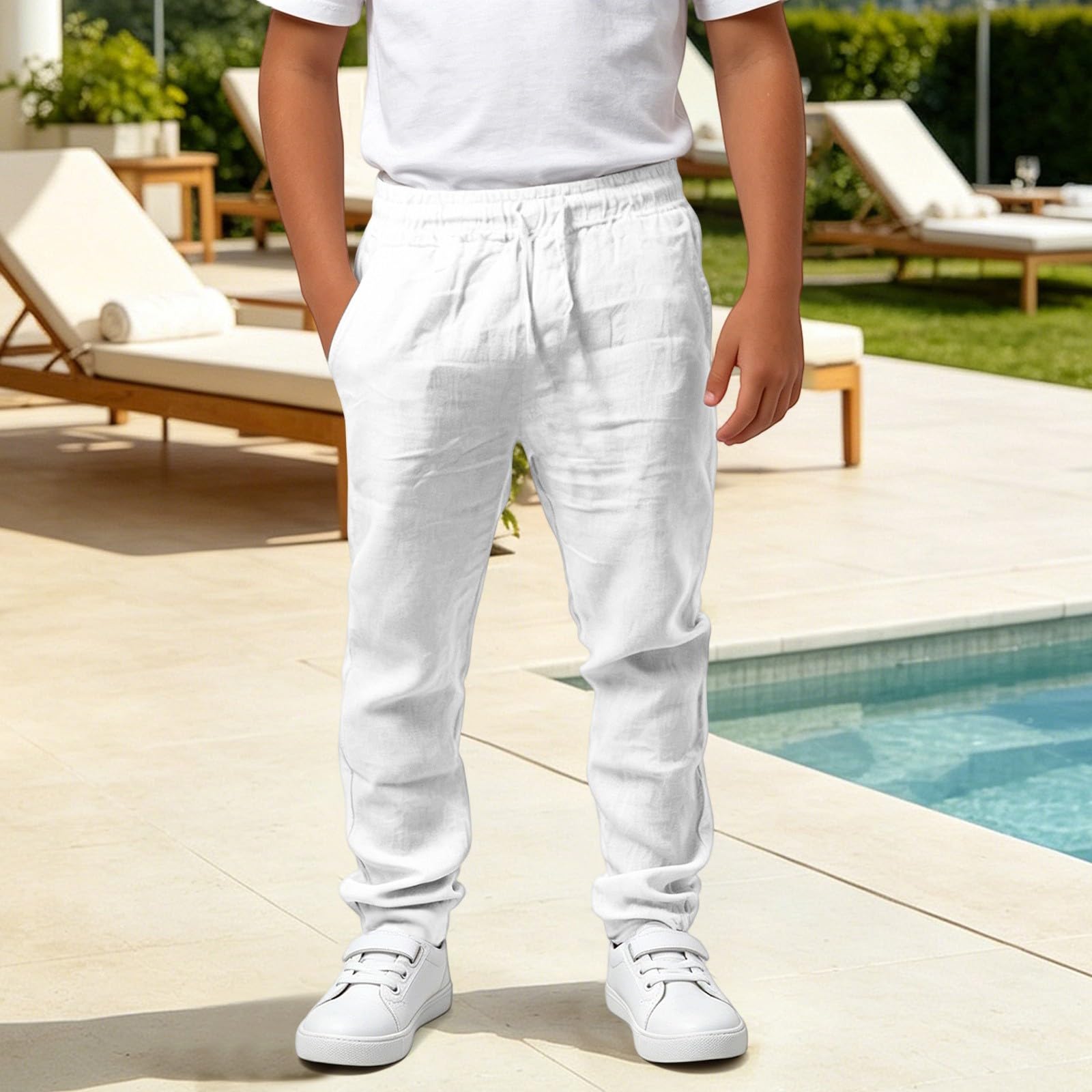 Pantanlones de Lino para Niños,Algodón y Lino Pantanlon Chandal Niño Cintura Elástica Pantalón Chino Largo Sueltos con Bolsillos Cómodo Transpirable Jogging Pants Ropa Adolescentes Chicos 4-14 Años