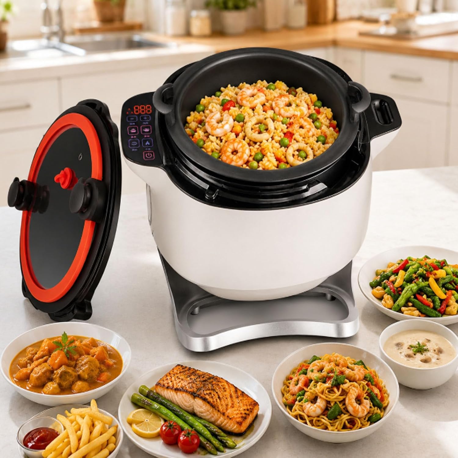 Robot de Cocina Automático 6L, Wok Eléctrico con Removido 2000W