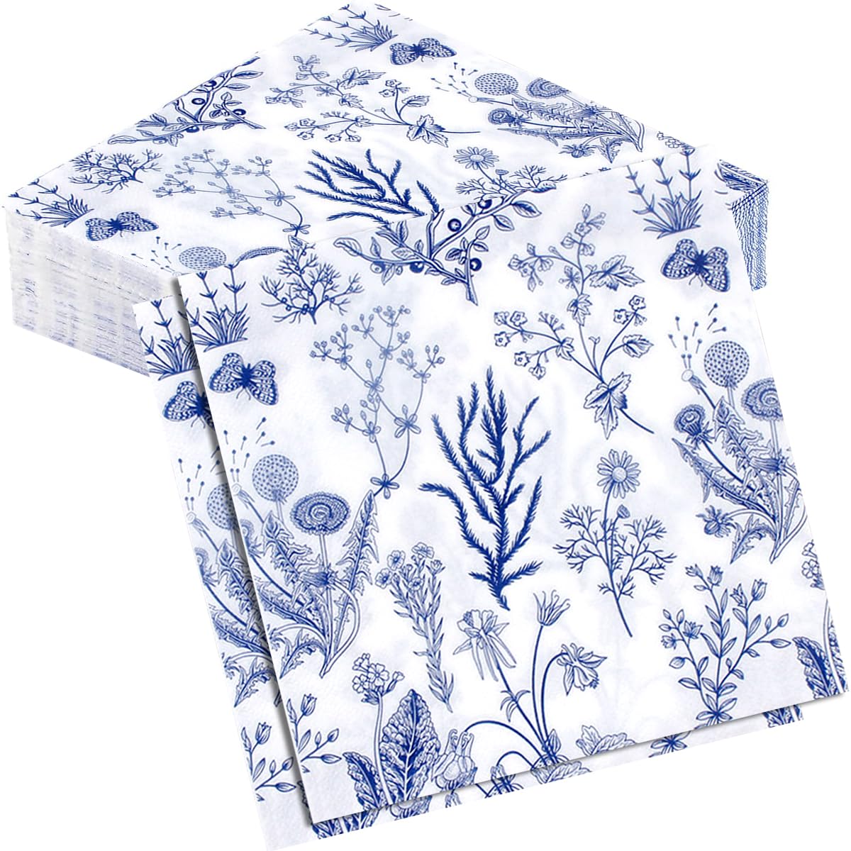 Garegce 40PCS Wildflower Paper Napkins, Vintage Blue Floral Serviettes Elegant Pattern Disposable Paper Decorative Napkins for Birthday, Thanksgiving Party, Garden Table Decorations - Blue