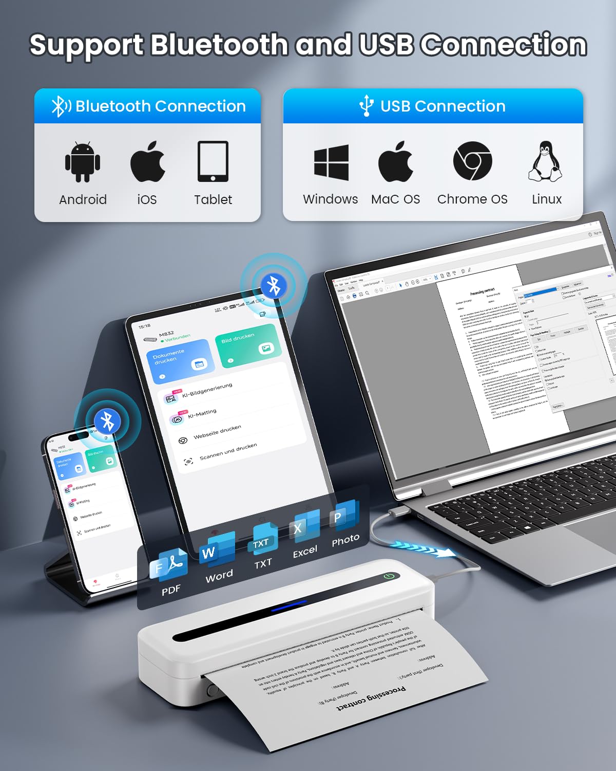 Impresora Térmica A4, M832 Impresora Portátil para Casa, Oficina, Estudio, Impresora Sin Tinta con Papel Térmico, Impresora Bluetooth Compatible con Teléfonos Móviles y Ordenadores