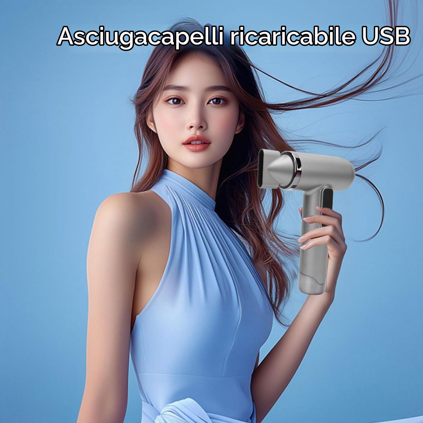 Asciugacapelli Ricaricabile Ricaricabile in Cordone - Pompino Portatile da 200 W con Ugello, Batteria Silenziosa da 15.000 MAh per Viaggi, Dormitorio e Uso Domestico (SILVER)