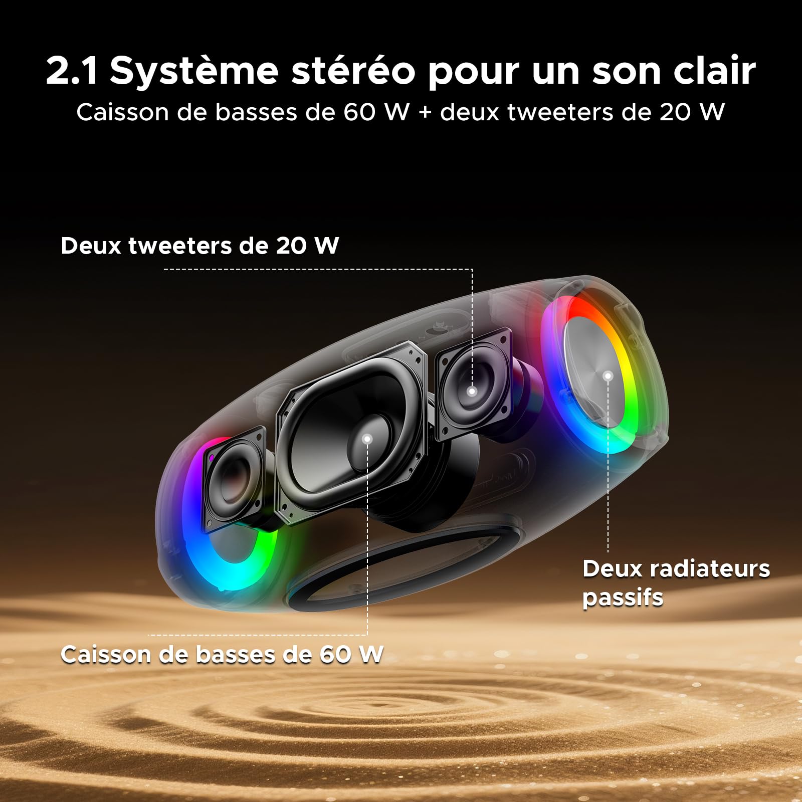 Enceinte Bluetooth Puissante Portable avec Bass Puissantes, 100W Crête, 60W Subwoofer, Deux 20W Tweeters, Autonomie 20H, Lumière RGB, TWS Haut Parleur sans Fil IP55 Étanche pour Fêtes, Piscine - Noir