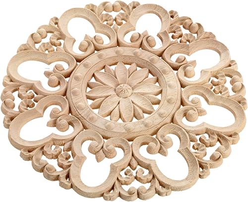 Miniatura 3 de MUXSAM Apliques redondos tallados en madera, sin pintar, calcomanías centrales de tallado de madera ornamentada para armario, puerta, cajón, pared,