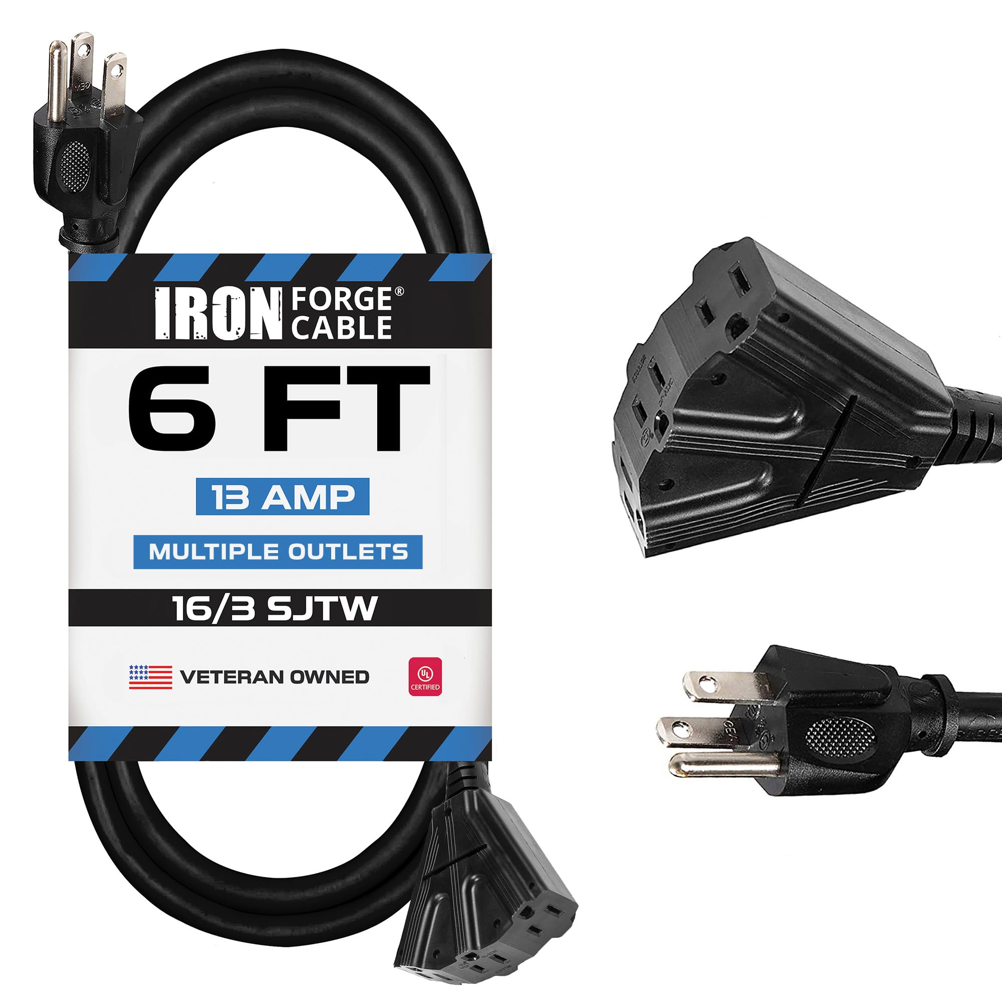 Iron Forge Cable Cable de extensión para exteriores de 6 pies con 3 salidas de energía eléctrica. Cable negro duradero de 16/3 SJTW con 3 tapones para seguridad, ideal para luces navideñas y