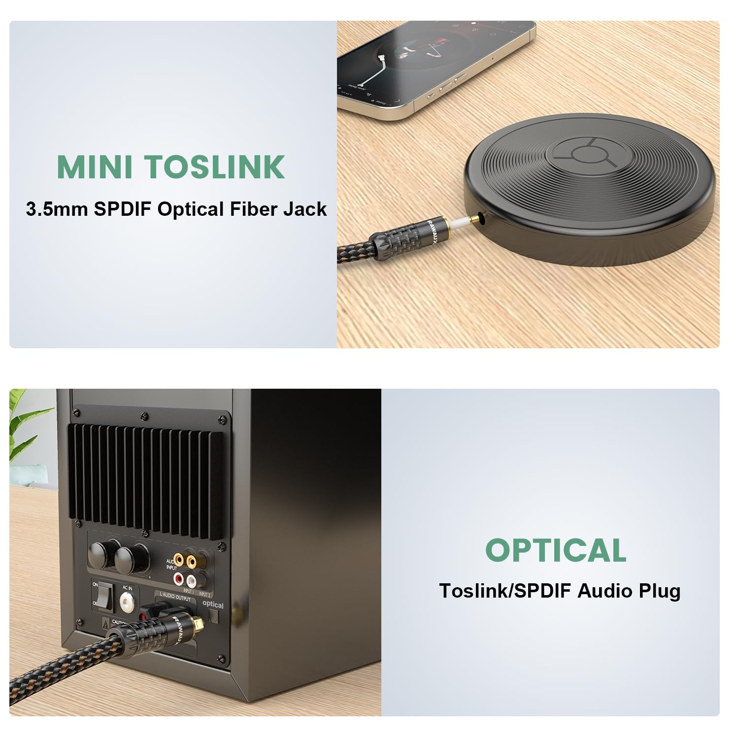 RAWAUX Digital Optical Cable 2M 24K Gold Plated Toslink to Mini Toslink Cable Mini Optical S/PDIF Audio Adapter for Chromecast Audio TV - Image 3
