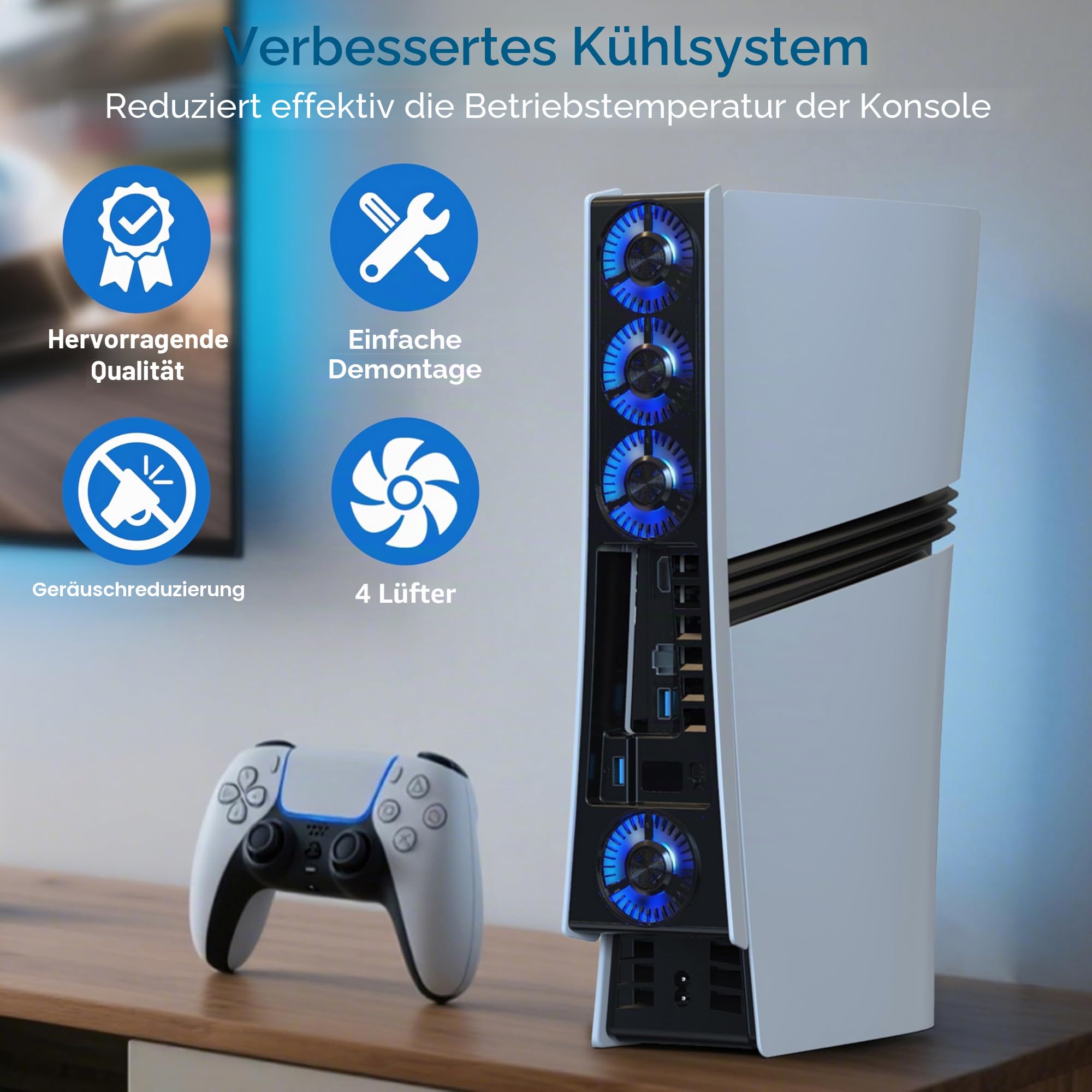 JUSPRO Lüfter für PS5 Pro, leiser verbesserter 4-Kühler mit einstellbarer Geschwindigkeit, automatisches Ein-/Ausschalten, Kühlzubehör mit USB 3.0-Anschluss und LED-Licht für PlayStation 5 Pro