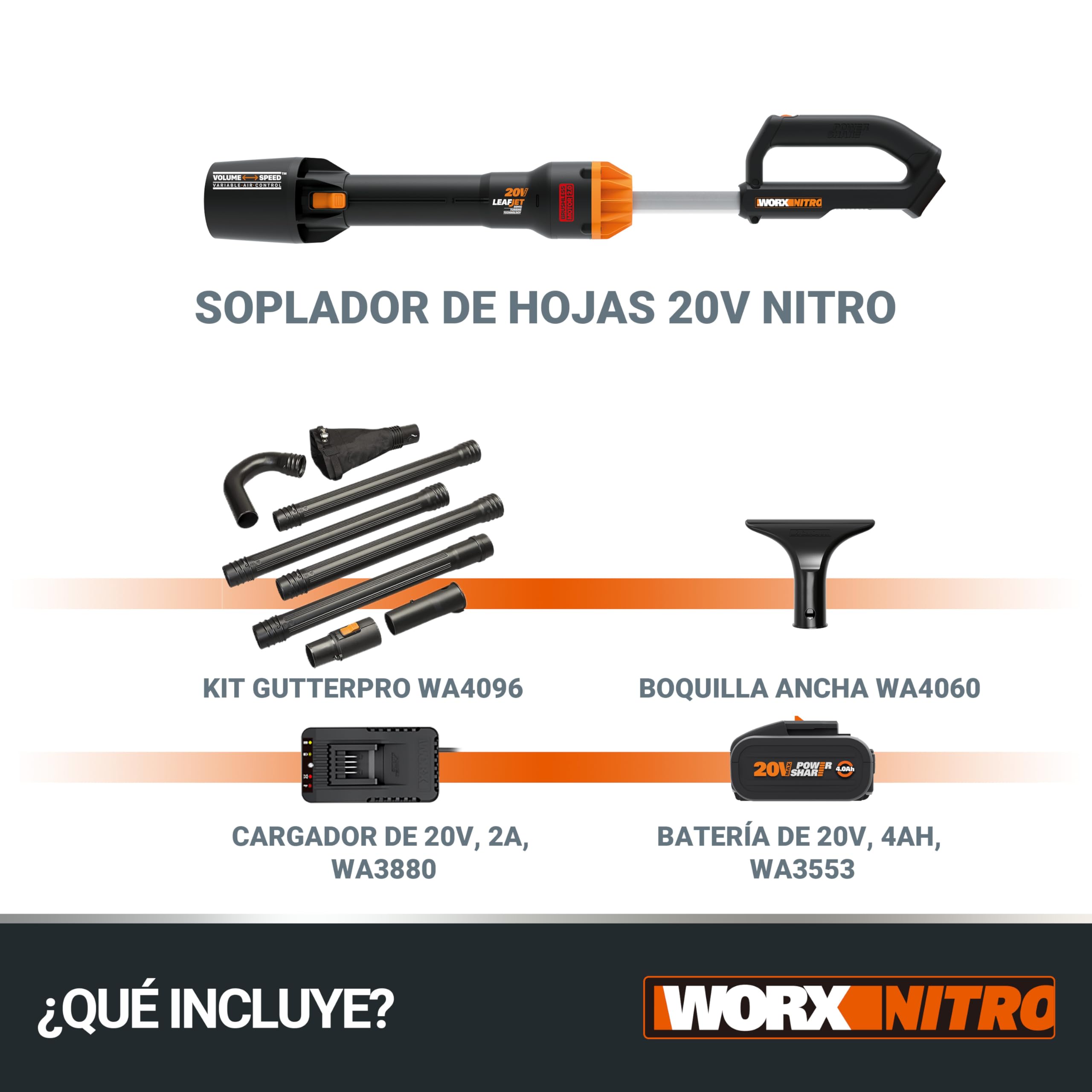 WORX 18V (20V MAX) Soplador de Hojas sin Cable de WG543E.1, PowerShare, Motor sin escobillas, 2 velocidades, Control Variable de Aire, 1 batería de 4 Ah y 1 Cargador de 2 Ah Incluido