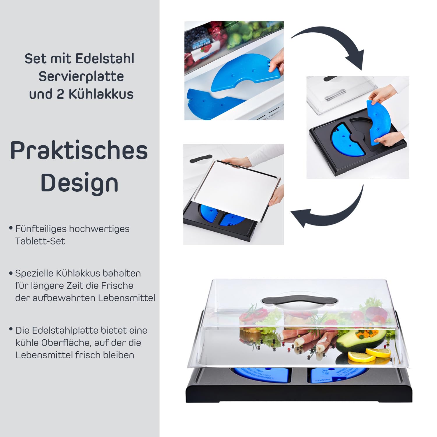 FH Plateau de service avec couvercle - Boîte de transport pour gâteau avec refroidissement, plaque de refroidissement avec couvercle et blocs réfrigérants - En acier inoxydable, jusqu'à 4 heures de