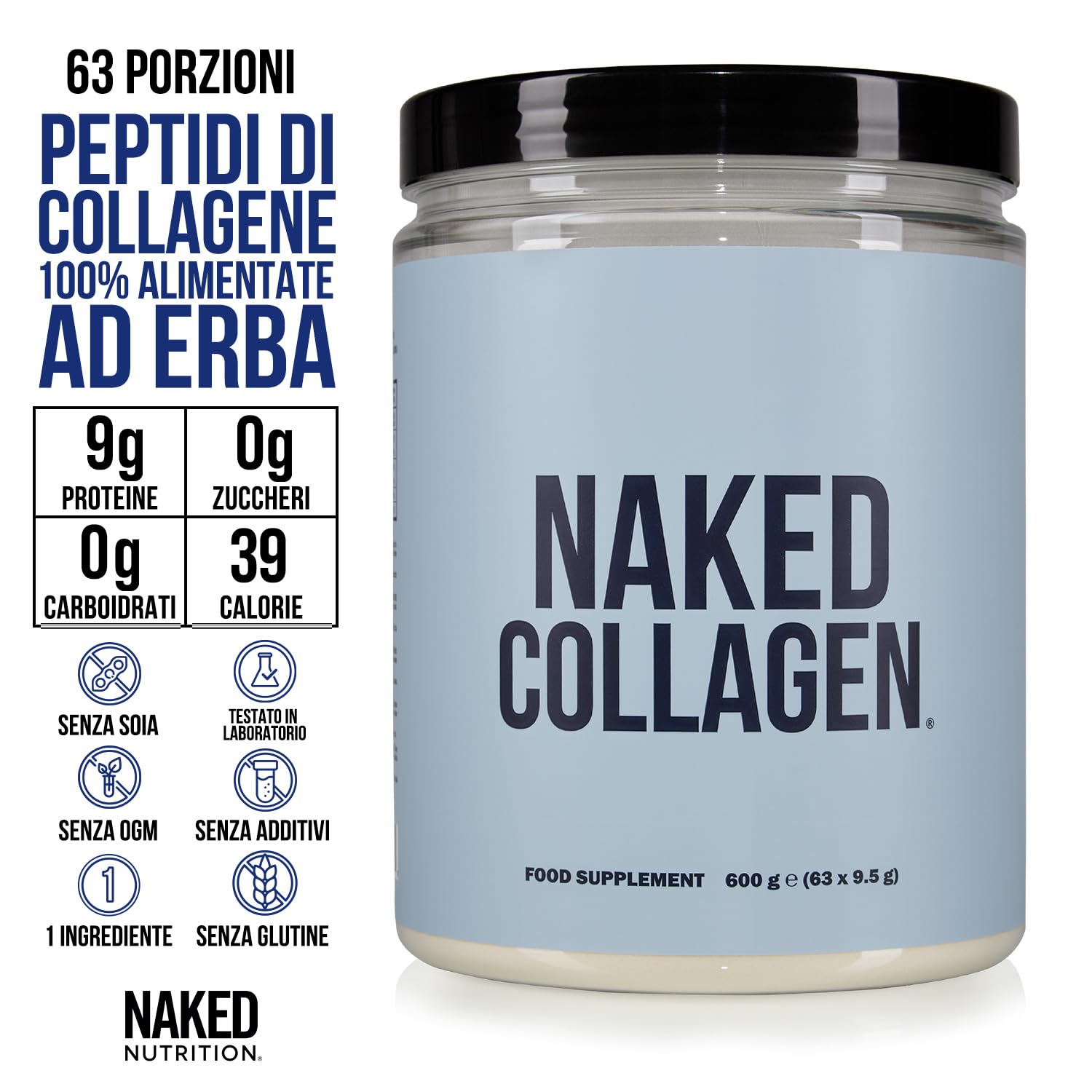 Proteine in polvere di peptidi di collagene NAKED, 63 porzioni, da animali allevati al pascolo, integratore di collagene idrolizzato da bovini nutriti con erba, senza aroma, 600 g
