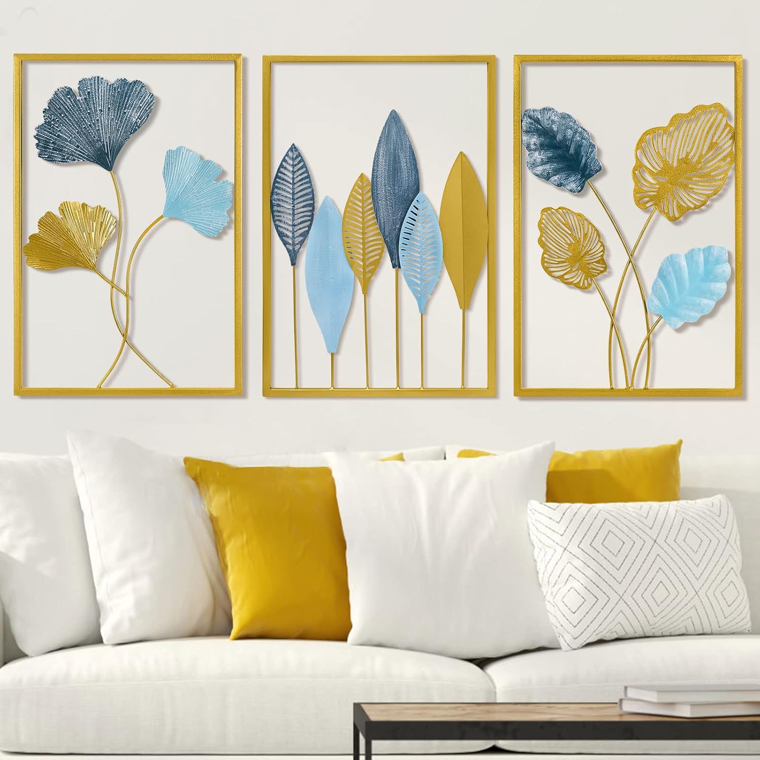 Rebala Gold Metal Wall Art Decor,Blue And Gold Wall Decor Living Room,Metal Leaf Wall Art Decor,Iron Artwork Decor Accent Wall Hanging Wall Sculptures For Bedroom,Bathroom,Office.(3pcs) Gold 5
