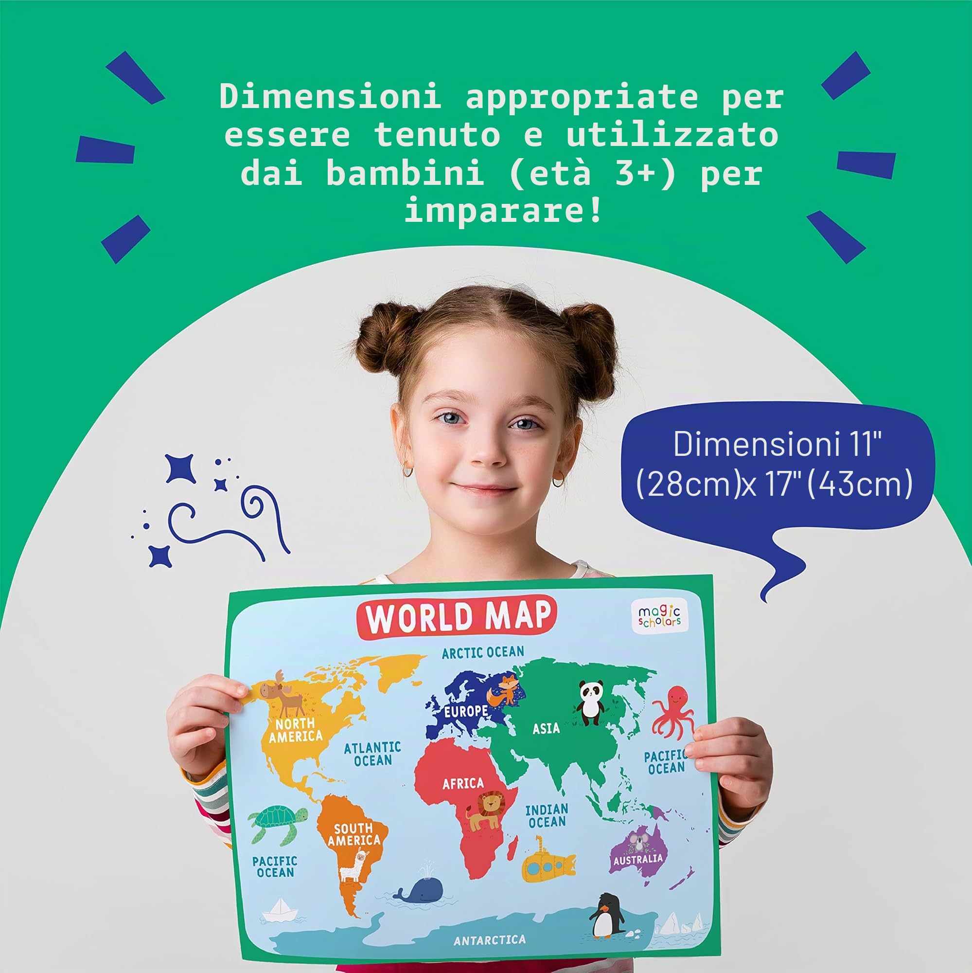 Magic Scholars Poster Bambini per Imparare l'Inglese Confezione 18 Cartoncini Impermeabili Alfabetiere Colori Giorni Settimana Sistema Solare