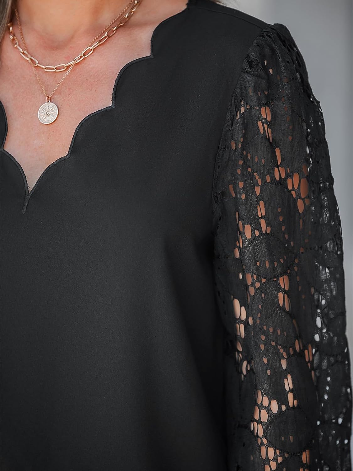 CUPSHE Women Lace Elegant Blouse Long Sleeve Eyelet V Neck Dressy Party Floral Tops Scalloped V Neck - Image 4