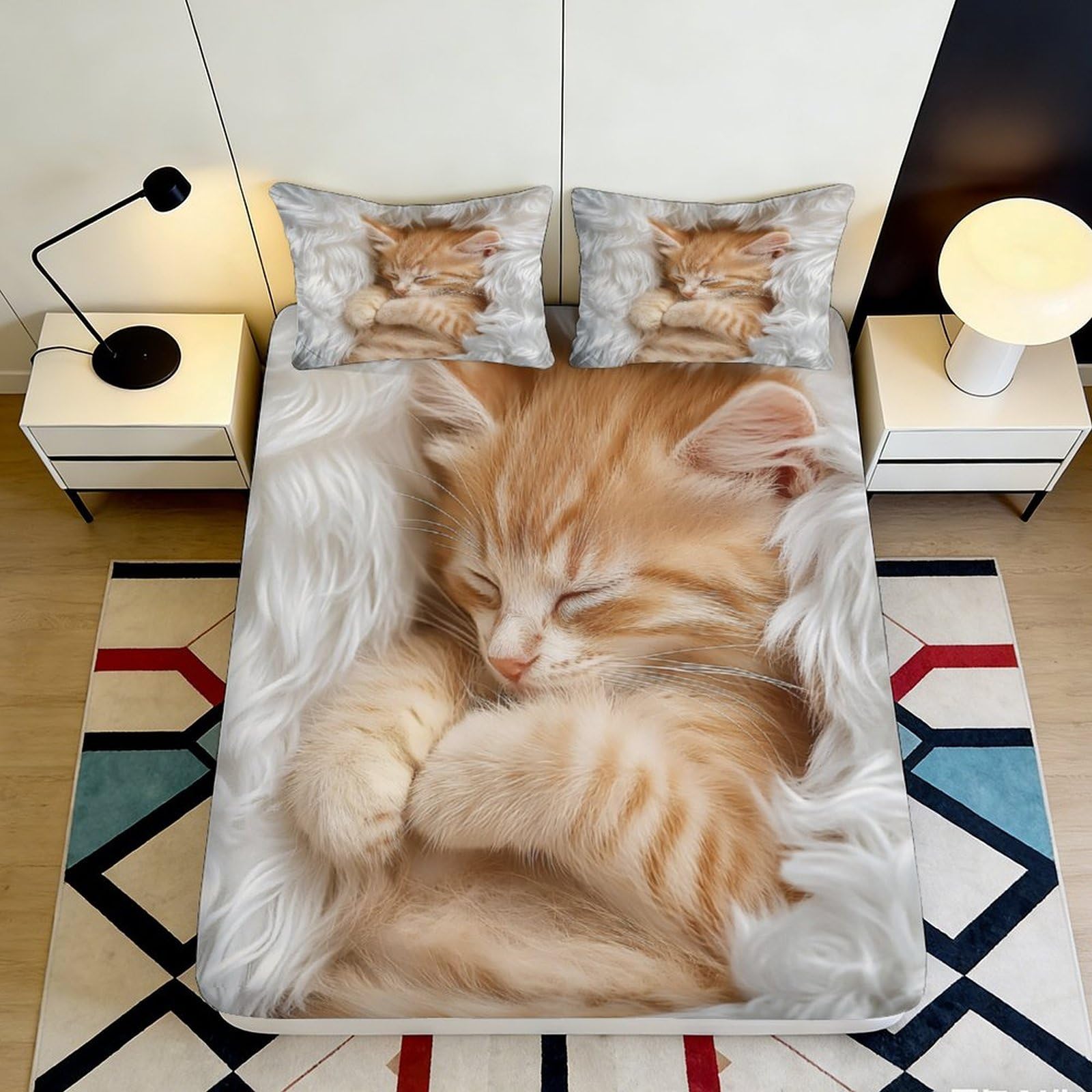 Jqzkxnhpbr Style-5 3D Printed Sleeping Ginger Kitten Fitted Sheet Microfiber Soft Bed Cover Cat Nap Bedroom Decor Machine Washable 90X200x25cm