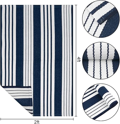 Miniatura 2 de OJIA Alfombra de entrada de 24 x 51 pulgadas, lavable a máquina, tapete de algodón tejido azul y blanco, alfombra de porche, alfombra de cocina a