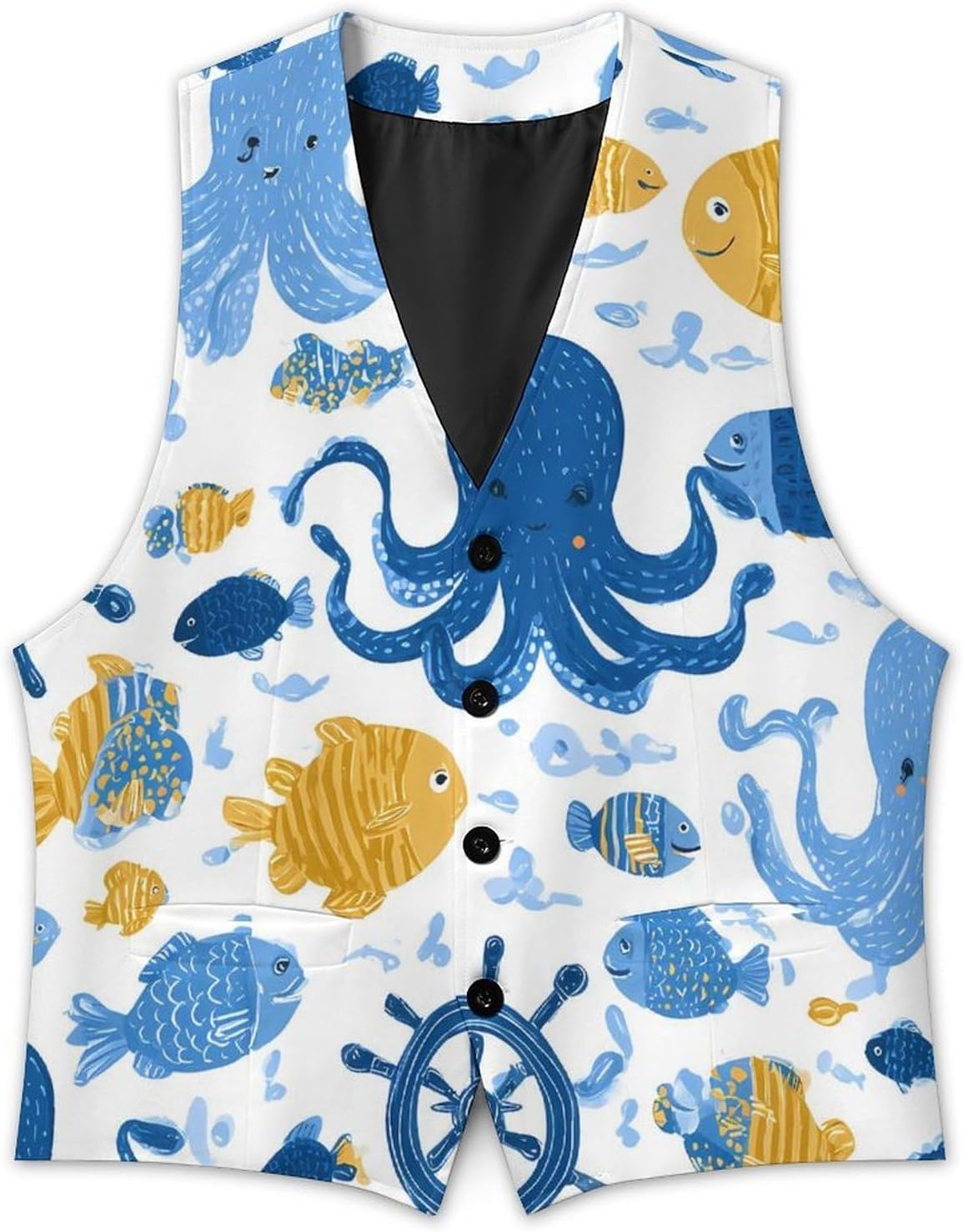 Octopuses Fish Ship Wheels Fashion Suit Vest for Men Slim Fit Waistcoat Business Casual Dress Tuxedo