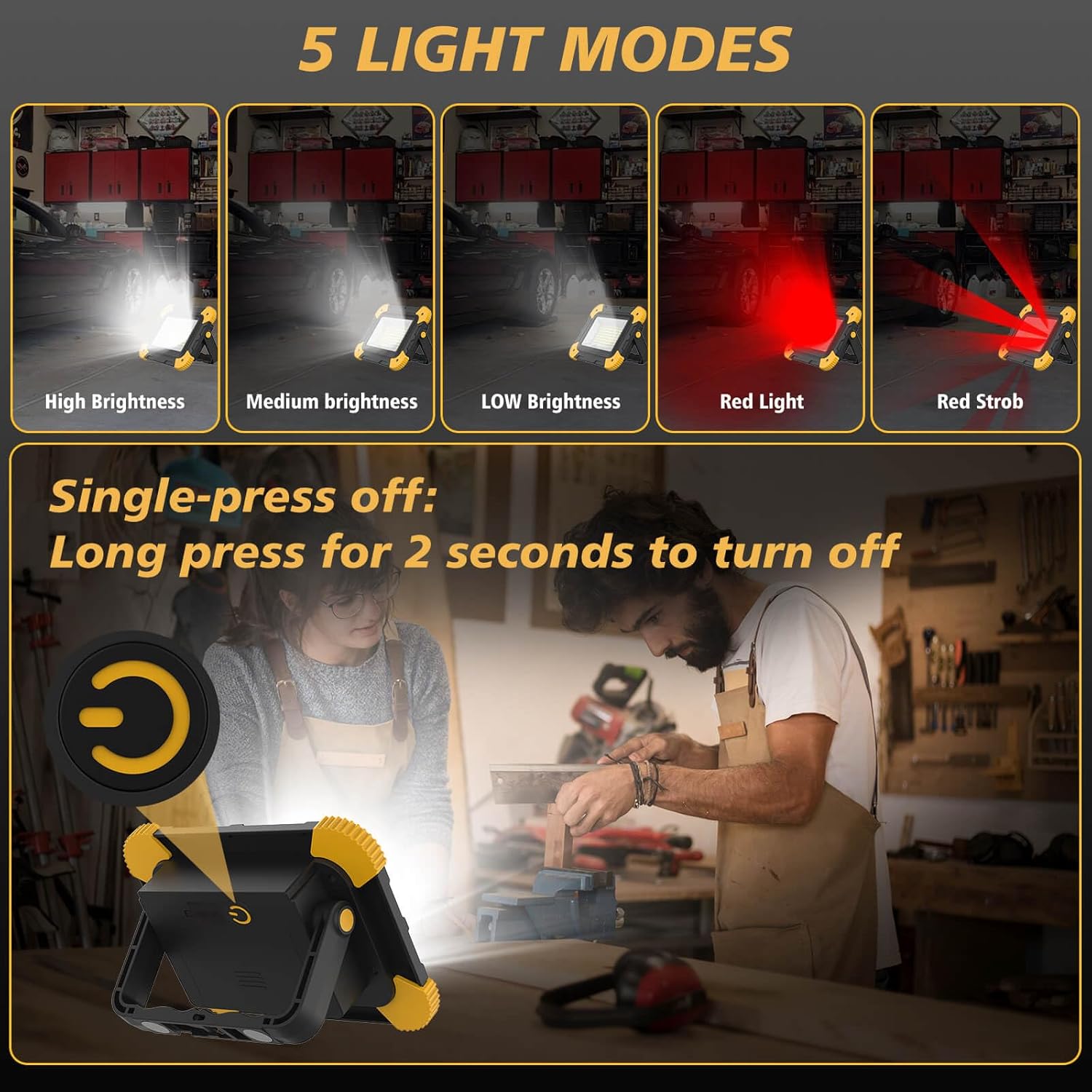 Rechargeable Magnetic Work Light, 40W Portable LED Flood Light Battery Powered, Waterproof Work Lights Cordless Job Site Lighting 180° Rotate for Outdoor Camping Garage Mechanics, Gifts for Men - Image 3