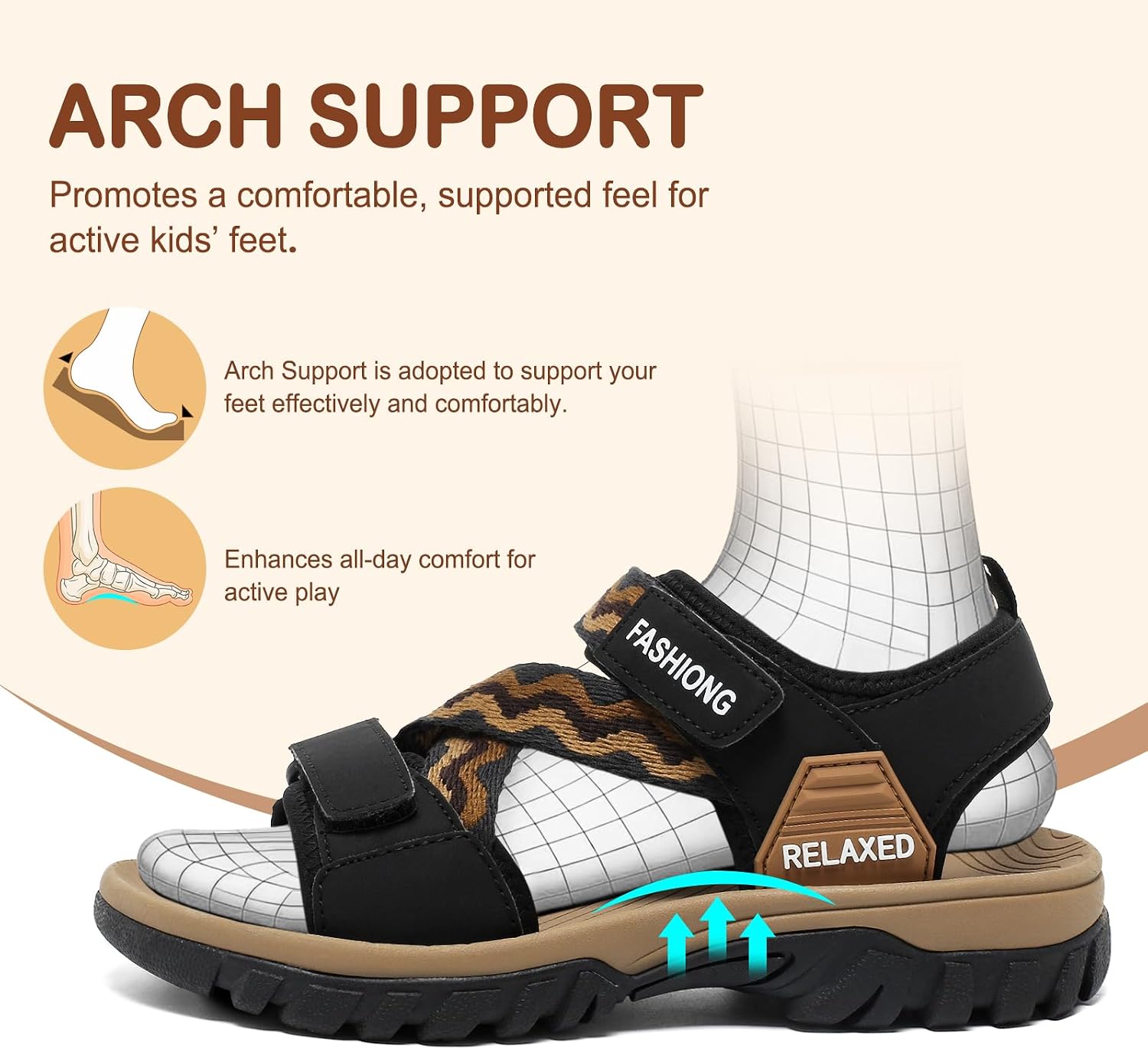 Kids Orthopedic Walking Sandals Comfort Arch Support Sport Hiking Recovery Sandals for Boys Girls Outdoor Cushioned Athletic Sandals Waterproof Adjustable Strap Camping Slide Sandals Summer Beach Water Shoes