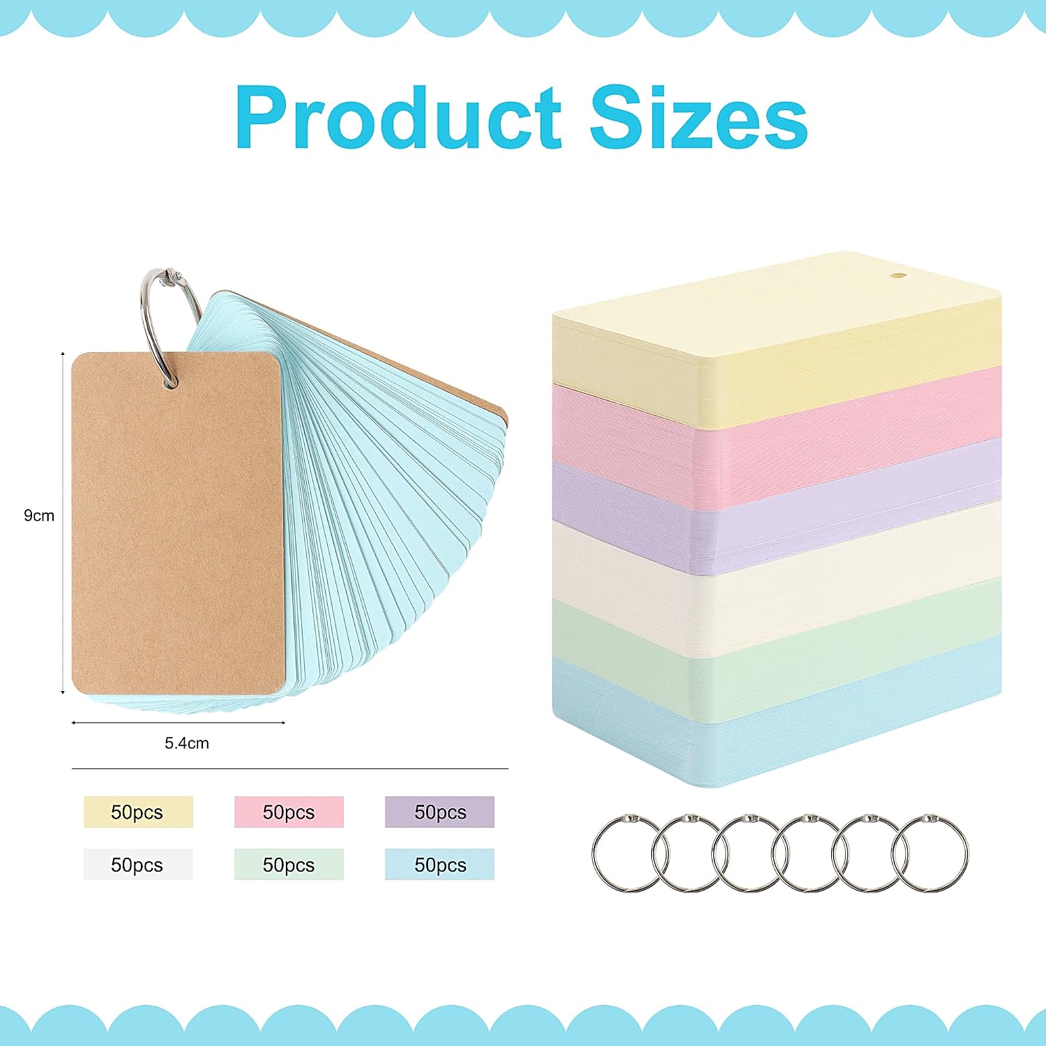 JUNART 300 Pcs Flash Cards with 6 Key Rings, "4x7" 6 Colour Portable Thick Paper Index Cards with Kraft Cover for Daily Notes,Shopping Lists, Travelling image 2