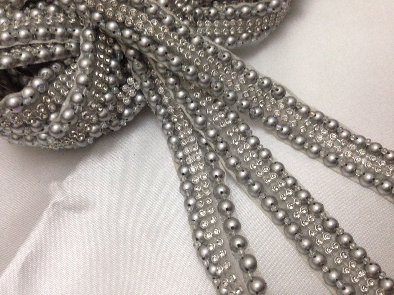 Silver Pearl Beaded Daimonte luxury Wedding Applique Trim Edging Costume Bridal 1Yard x 2cm D3