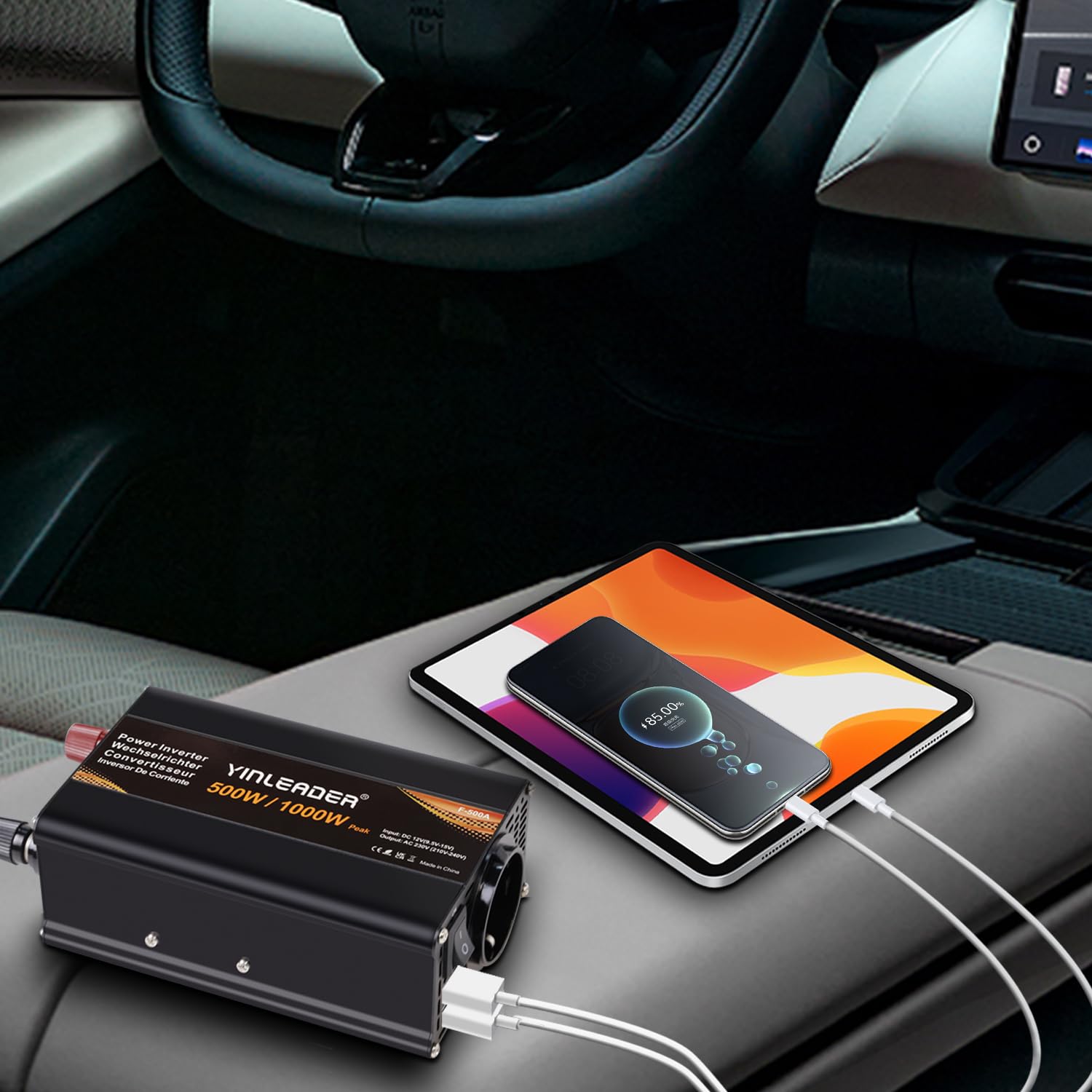 Yinleader 500W /1000W Convertisseur 12V 220V 230V, Onduleur Voiture Transformateur de Tension avec 1 Prise Secteur et 2 USB, Adaptateur pour Auto, Camping-Car, Voyage