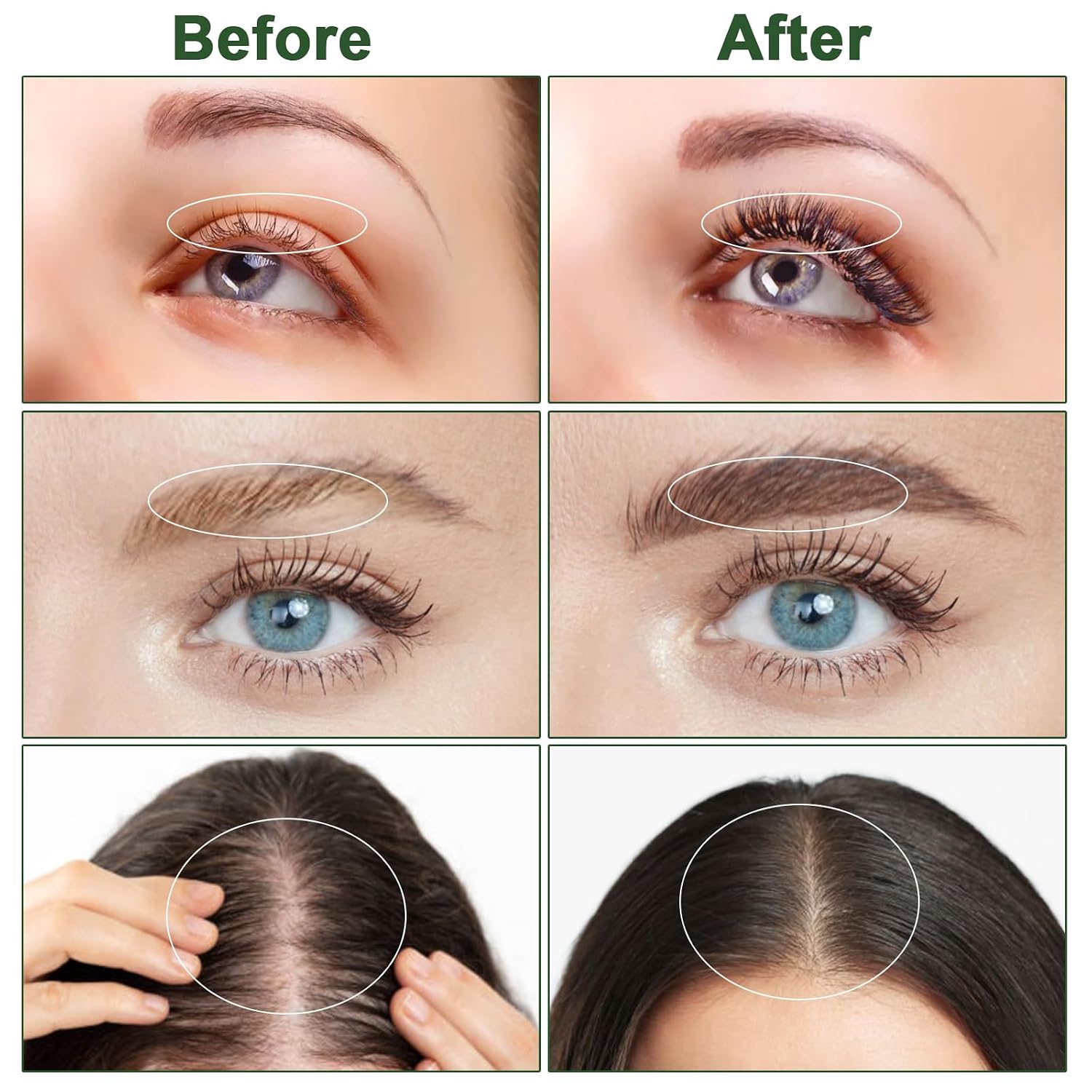 Before and after comparison images showing improved eyelashes, eyebrows, and hair density after using castor oil.