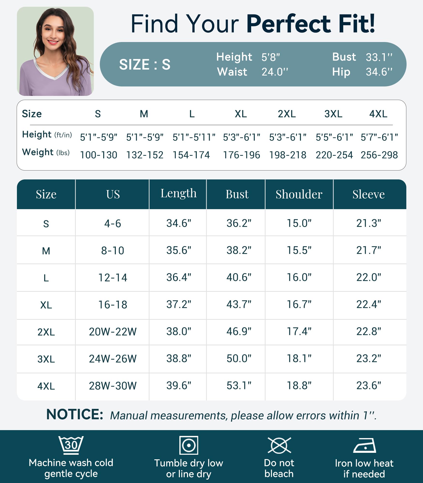 WiWi Chemises de nuit pour femmes, chemise de nuit douce à manches longues, chemise de nuit grande taille, robe de pyjama en viscose de bambou, taille S à 4X