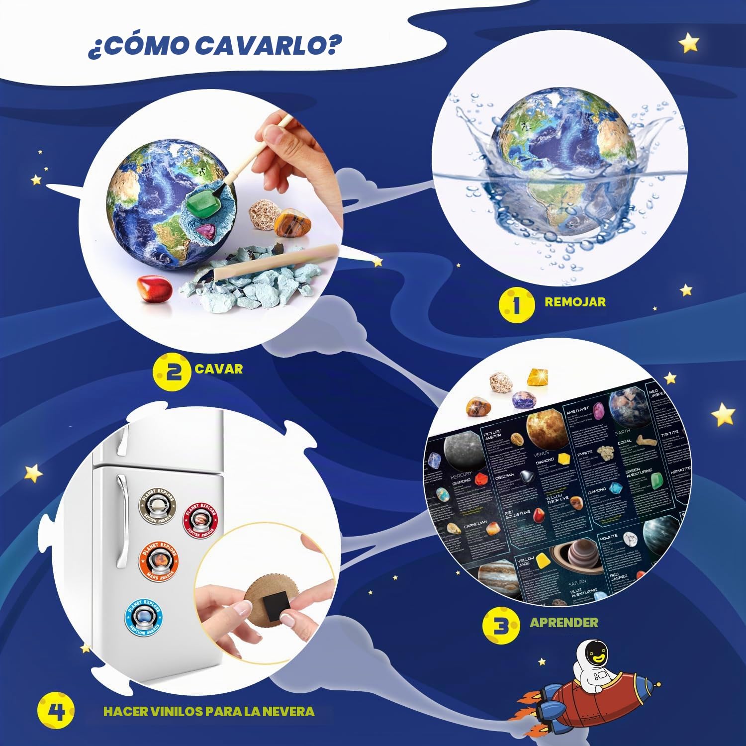 EDUMAN Kit de excavación de Piedras Preciosas: desentierra 40 Gemas y Cristales Reales con Herramientas de minería, Sistemas solares de Ocho Planetas para niños de 6 a 8 años, Juguetes educativos de