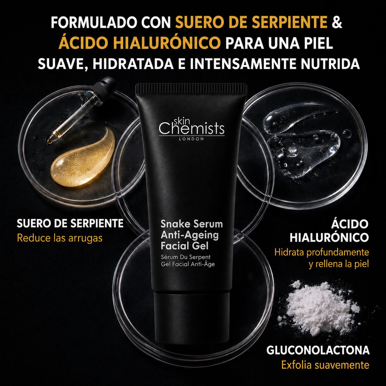skinChemists Snake Serum Anti-Ageing Facial Gel 30 ml - Serum Facial Ácido Hialurónico y Péptidos - Serum Antiarrugas Facial Mujer y Hombre - Gel Antiedad Reafirmante e Hidratante