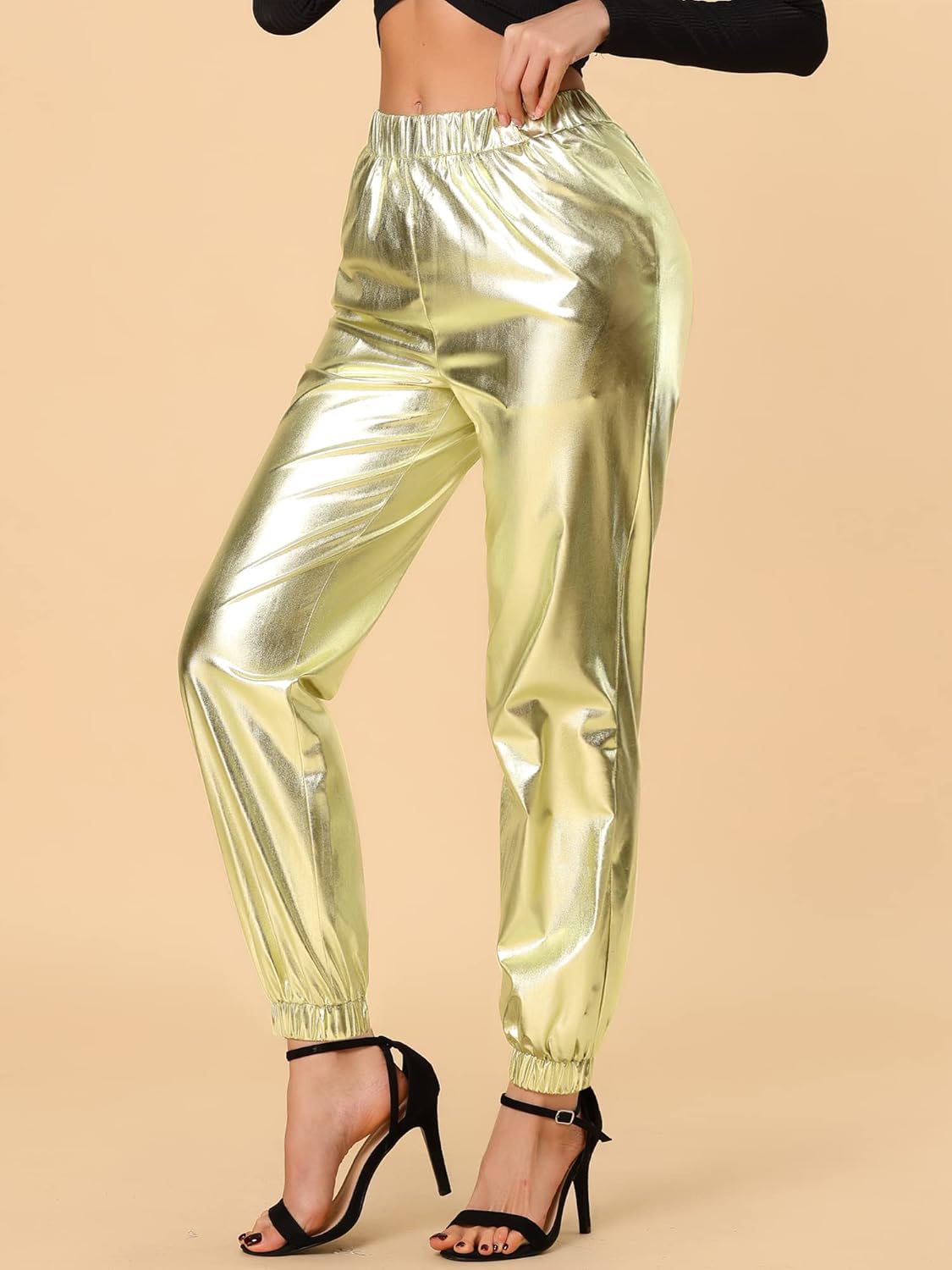 Allegra K Women's Metallic Trousers Christmas Shiny Sparkle Elastic Waist Holographic Pants - Image 2