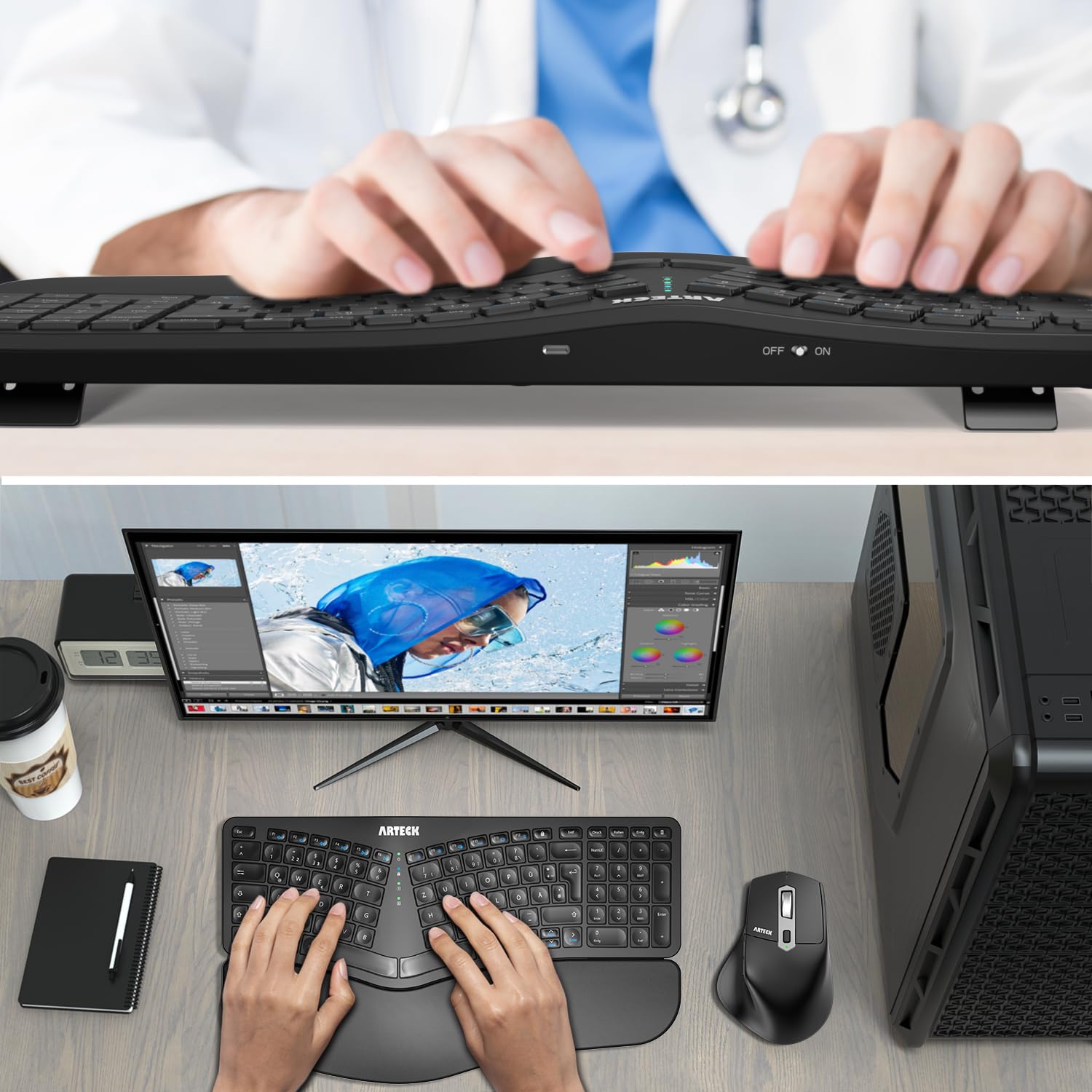 Arteck ergonomisches Split Tastatur mit gepolsterter Handgelenkauflage, 2.4G USB Kabellose Komfortables Split Keyboard mit natürlicher Ergonomie, für Windowscomputer und Laptops