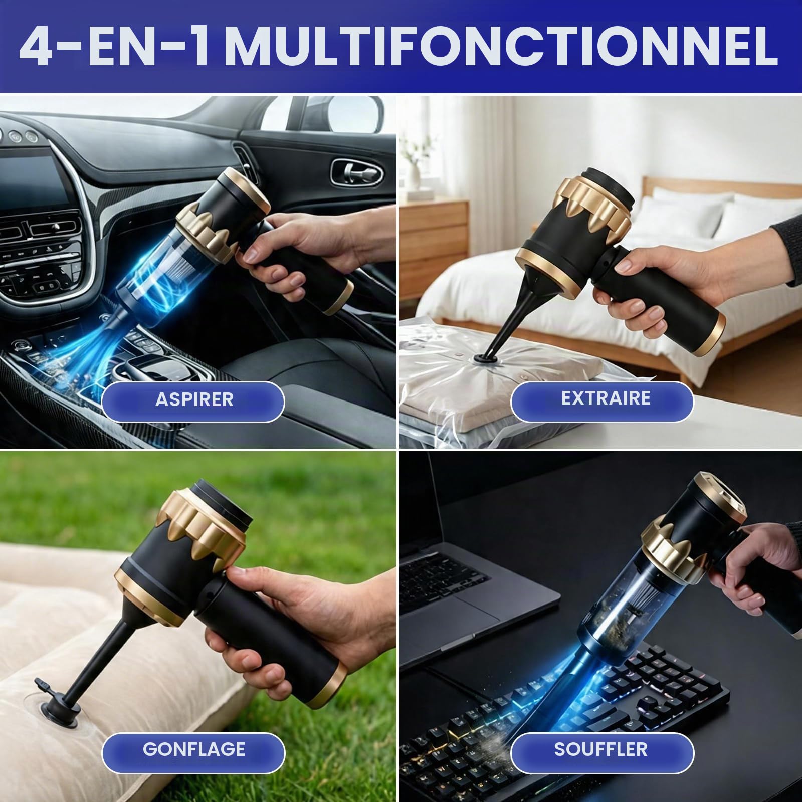 Aspirateur Voiture Table Voiture Puissant, Aspirateur a Main sans Fil, Mini Aspirateur à Main, 4 en 1 26000 PA, Convient pour Le Nettoyage de la Voiture et de la Maison, Or Noir