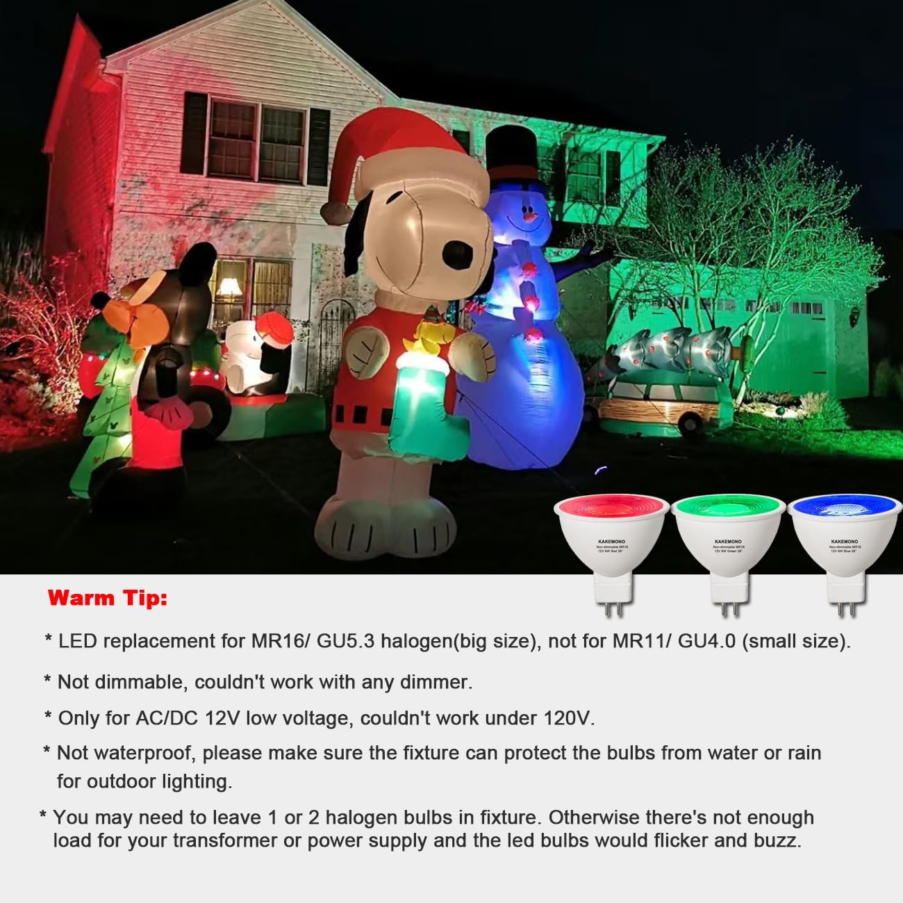 KAKEMONO Red Green MR16 GU5.3 Led Bulbs,Replace 50W Halogen,12V 6W Red Green MR16 for Christmas Holiday Decoration Outdoor Landscape Lighting,6 Pack Mix