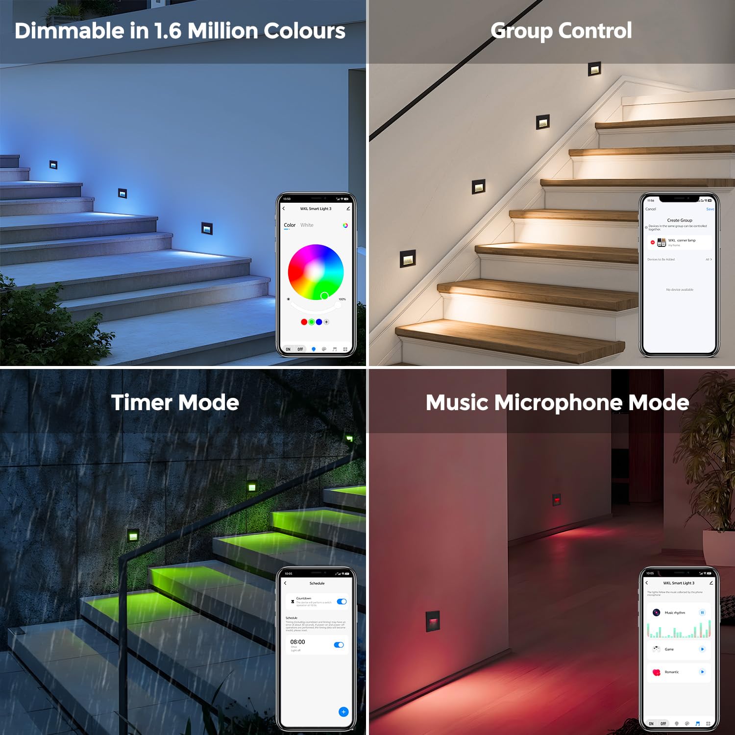 Arotelicht 8er LED Treppenbeleuchtung 230V RGB+WW+CW Bluetooth mit Fernbedienung, APP-Steuerung Treppenlicht 1.5W 68mm (Nicht-Standardgrößen-60mm) led Einbaustrahler IP44 Innen Außen Stufenlicht