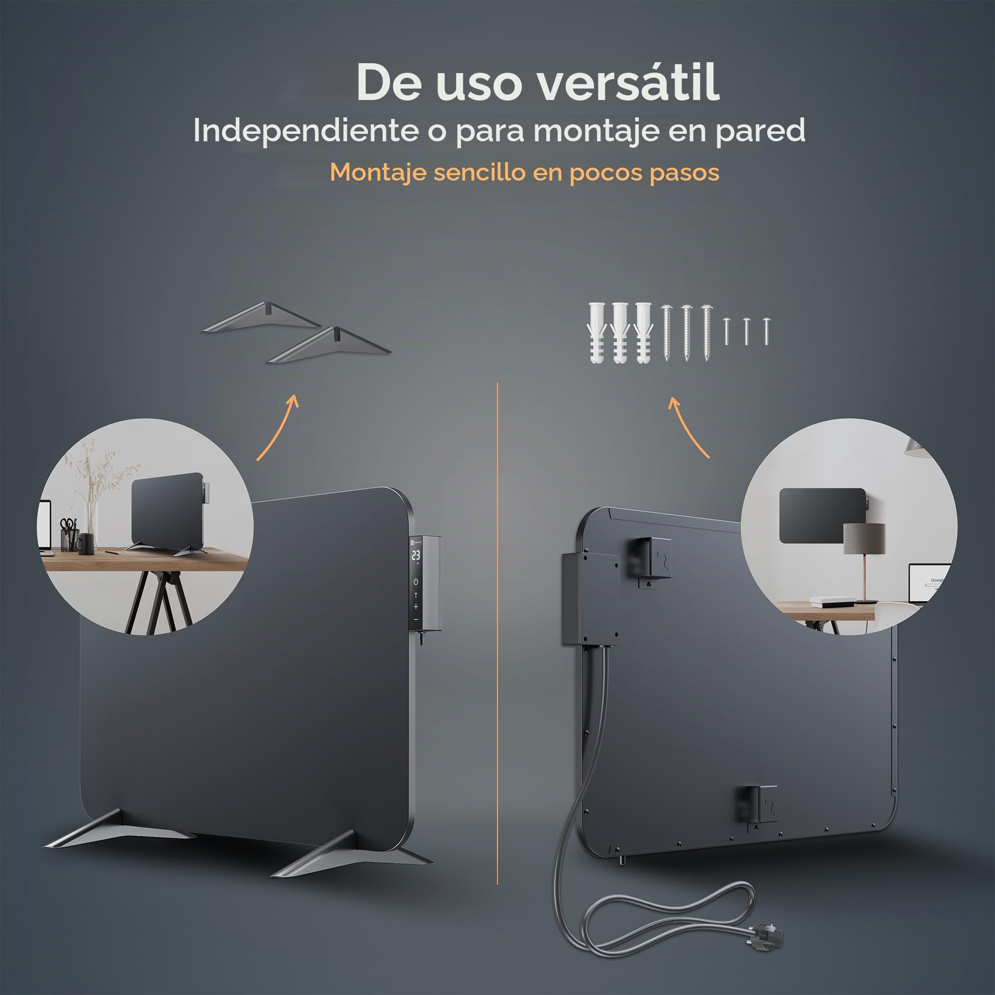 BR Bringer calefactor eléctrico por infrarrojos 450 vatios con termostato inteligente y mando a distancia, WIFI y app - para montaje en pared o uso móvil, ahorro de energía (negro)