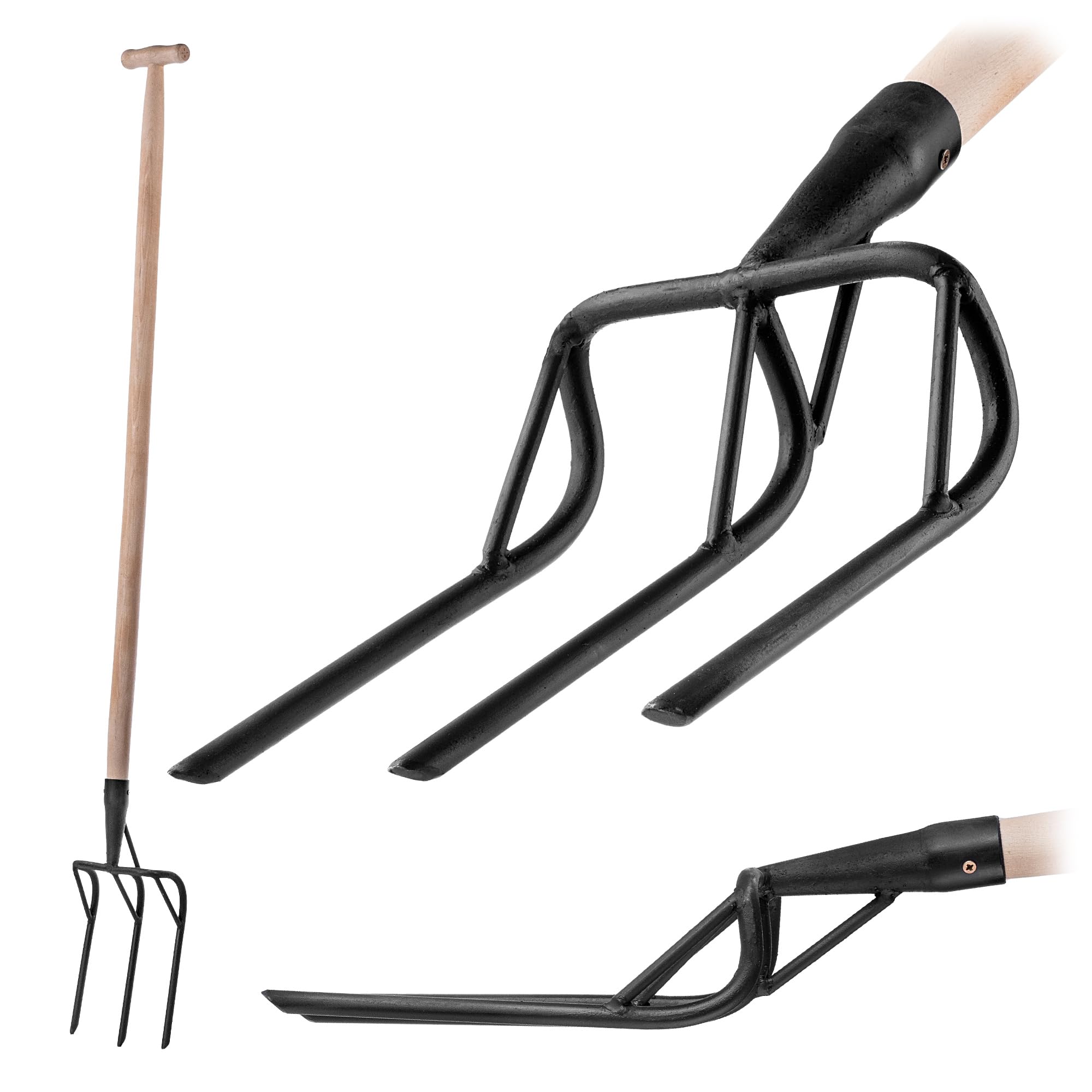 KADAX Fourche bêche avec tête en acier renforcé, 3 dents et poignée ergonomique en T, fourche de jardin pour ameublir et creuser les sols durs (avec manche)
