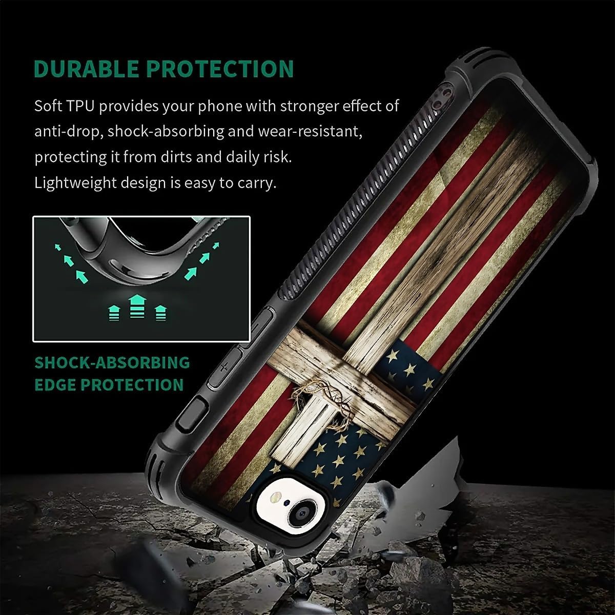 Case for iPhone 16e 6.1 inch,Four Corner Airbag Protection Design Soft Silicone Frame Personalized Pattern Case Compatible with iPhone 16e for Men-Cross American Flag - Image 2