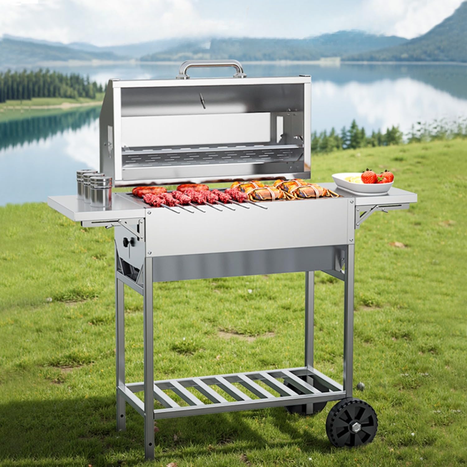 Przenośny grill na węgiel drzewny, ze stali nierdzewnej, do gotowania na świeżym powietrzu, idealny na kemping, piknik, imprezy rodzinne, zestaw do grillowania na podwórku, łatwy w użyciu