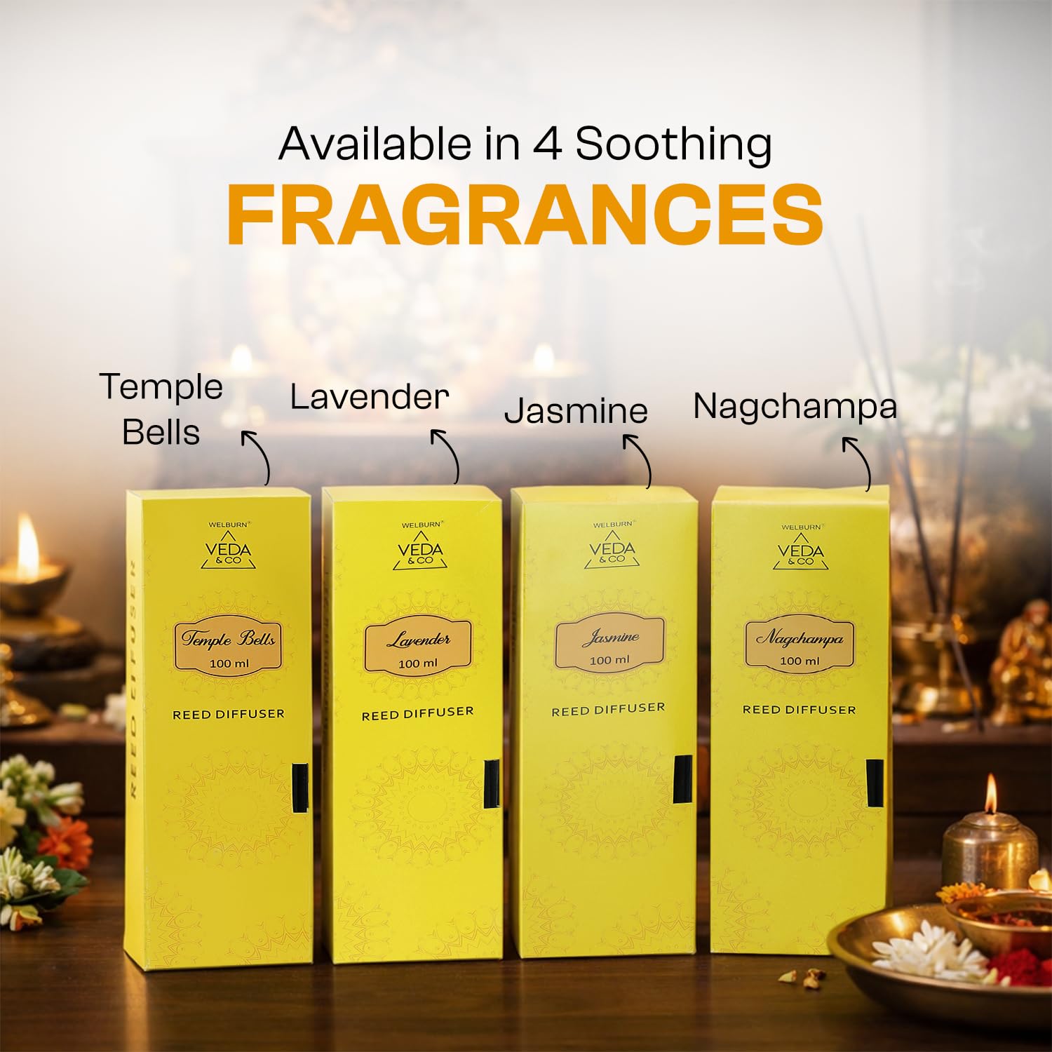 Welburn Veda&Co® Nagchampa Scented Reed Diffuser – 100ml | Long Lasting Aromatic Fragrance for Home Office Living Room Bedroom | Spiritual Air Freshener Decor | 6 Free Reeds | Ready-to-Use Oil Blend 4