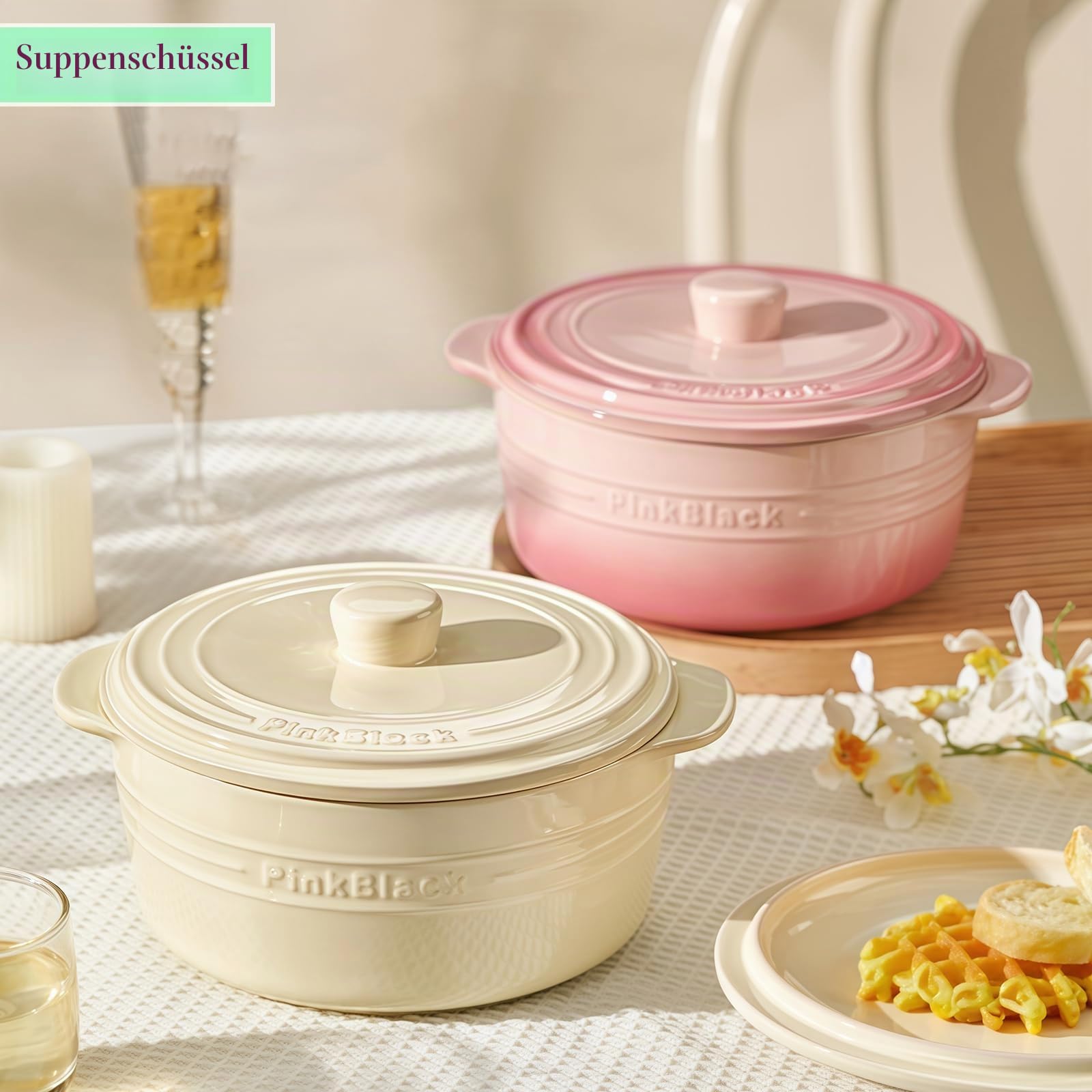 Große Suppenschüssel mit Griffen und Deckel, 1800 ml Ramenschüssel für Instant-Nudeln, mikrowellengeeignet