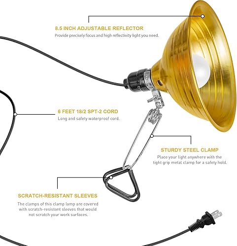 Miniatura 2 de Simple Deluxe Reflector de aluminio de 5.5 pulgadas8.5 pulgadas E26 Socket Clamp Light con un termómetro digital de acuario o bombilla LED de 2700 K
