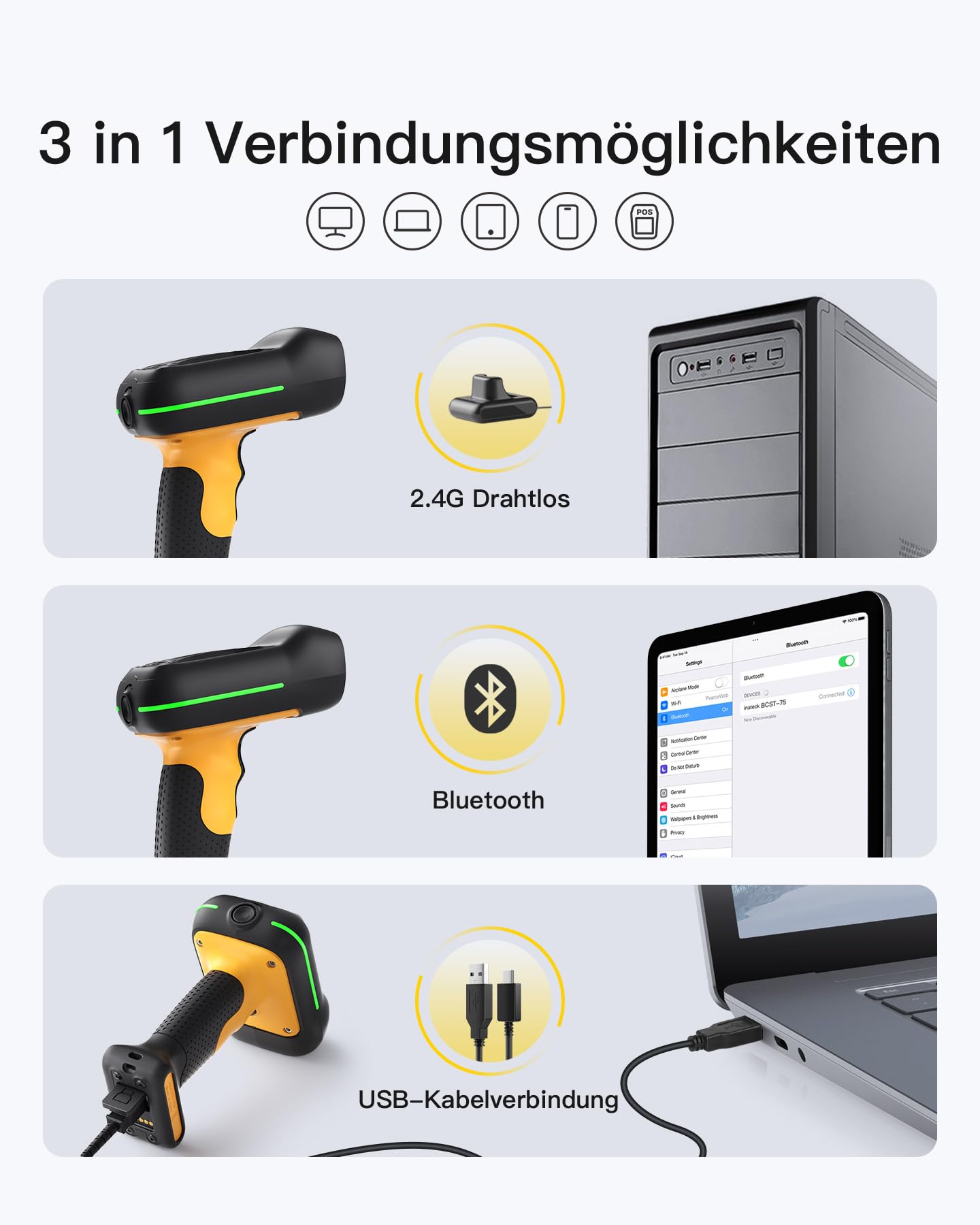 Inateck BCST-75S Industrial 2D Barcode Scanner Kabellos, IP67, 2600mAh Akku