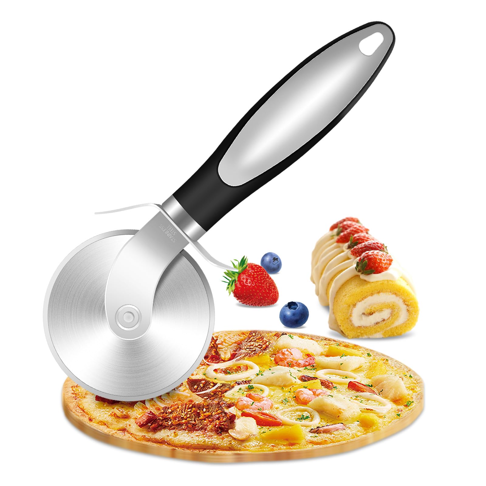 KollyKolla Stainless Steel Pizza Cutter, 21 cm, Round Pizza Cutter, with Ergonomic Handle, Easy to Clean, Ideal for Cake, Bread and Pasta, Professional Design and Lightweight