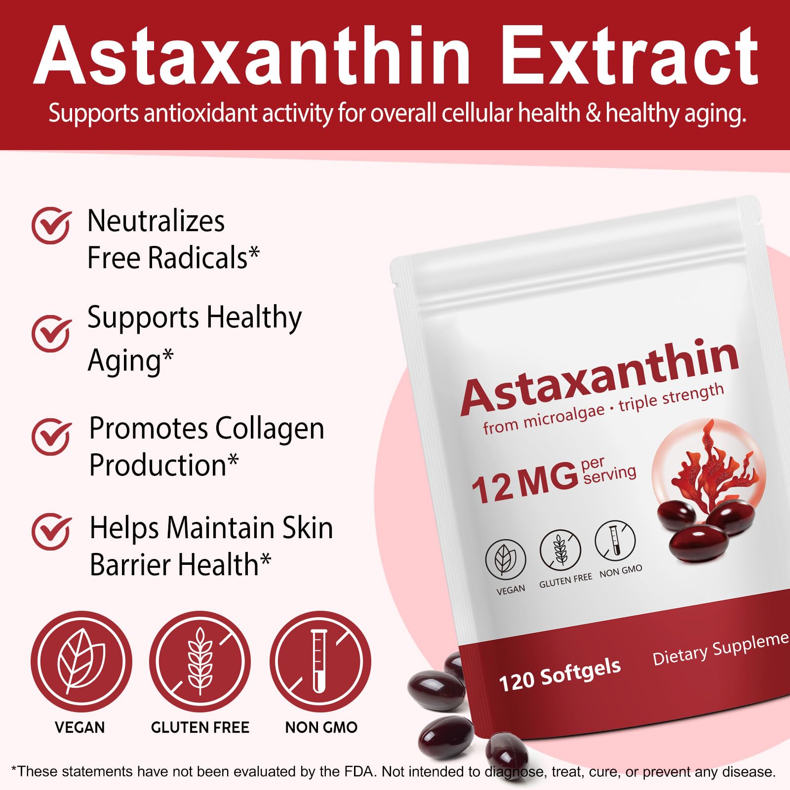 Astaxanthin Supplements - 120 Softgels | Premium Natural Antioxidant from Microalgae | Eye, Skin, Brain, Joint, Heart & Immune Health Support | Non-GMO, Gluten-Free — Amazon image 2