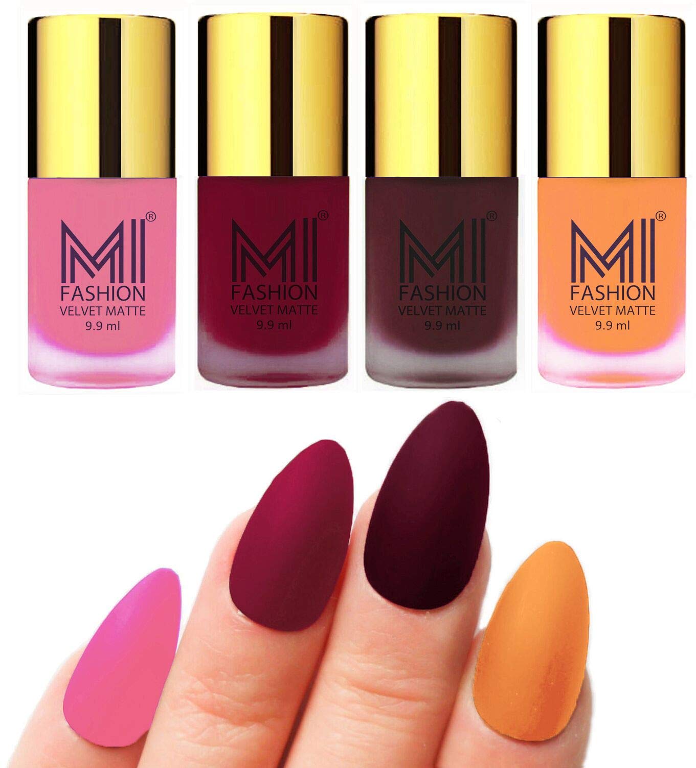 MI FASHION Velvet Matte Nail Polish Sets Long-Lasting & Waterproof 9.9ml Unique Color Baby Pink, Mauve, Red Wine, Saffron Orange (Pack Of-4)-image-10