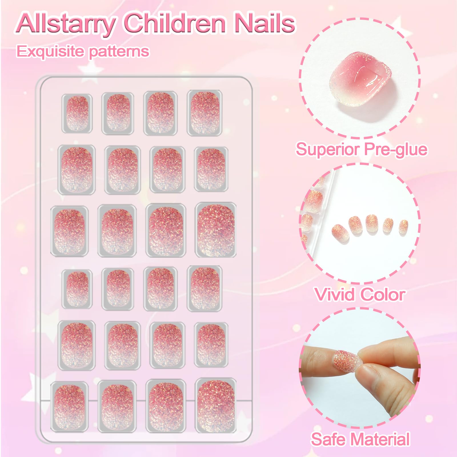 Allstarry 72pcs 3 pack Children Nails Press on Pre-glue Full Cover Glitter Press on Nails Shimmer Nail Short False Nail Kits Lovely Gift for Children Little Girls Nail Art - Shimmer Glitter