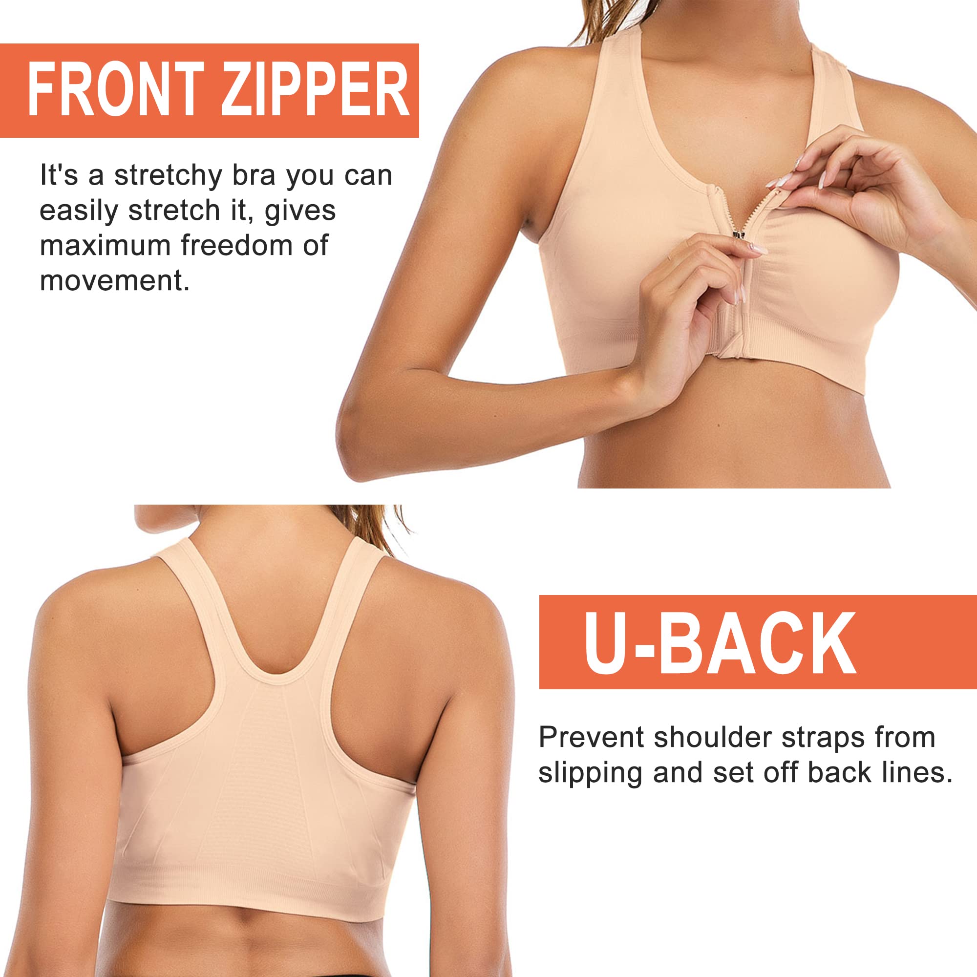 Sujetador deportivo con cremallera frontal, brasier postoperatorio, brasier de yoga, entrenamiento, fitness, ropa deportiva, brasier acolchado para mujer (3 piezas), Paquete de 3 (beige), XL