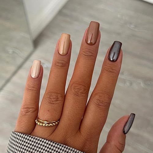 MERVF Medium Press on Nails Square Fake Nails Brown Squoval